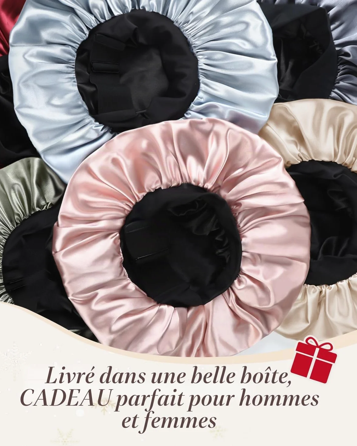 Bonnet Satin Soie Cheveux Nuit Double Couche Bande réglable pour Femme Homme
