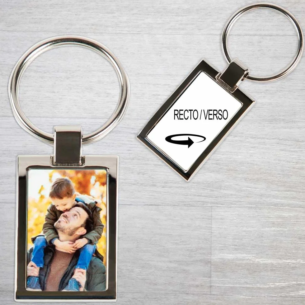 Porte-Clef Métal Argenté Rectangle avec Photo Imprimée Recto Verso Personnalisé Cadeau Homme