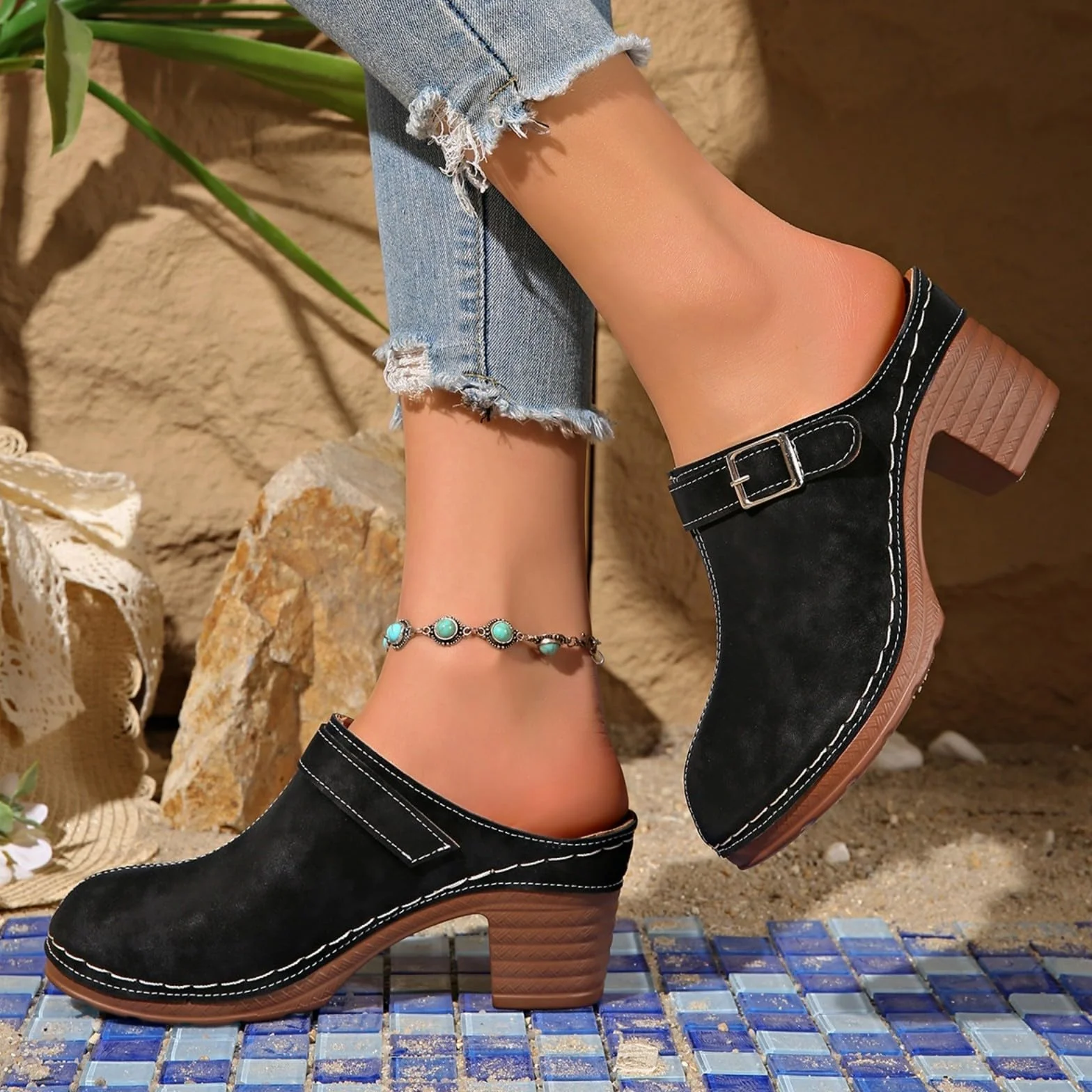 Sabots pour femme avec talon bloc - Chaussons orthopédiques confortables - Sandales compensées - Mules sans dos - Chaussures à plateforme fermées