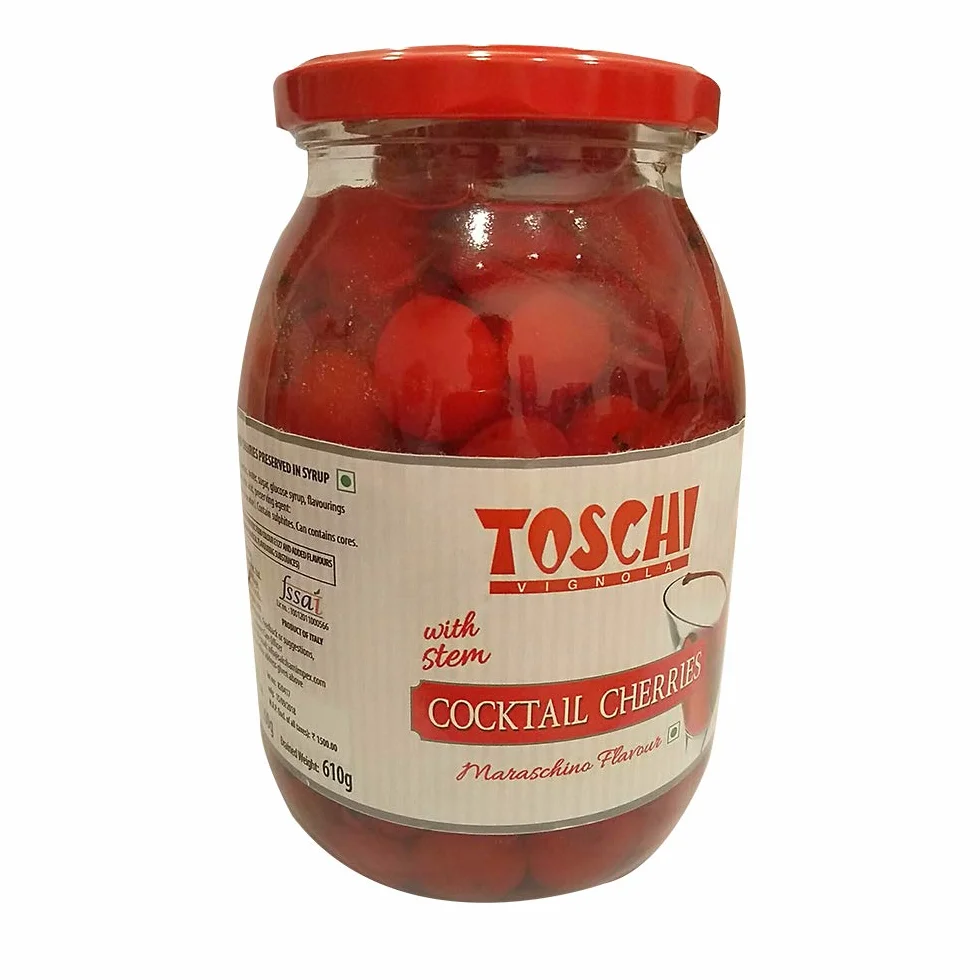 Lucgel Cerises rouges avec tige confites au sirop pour cocktail Toschi - 1,2 kg -