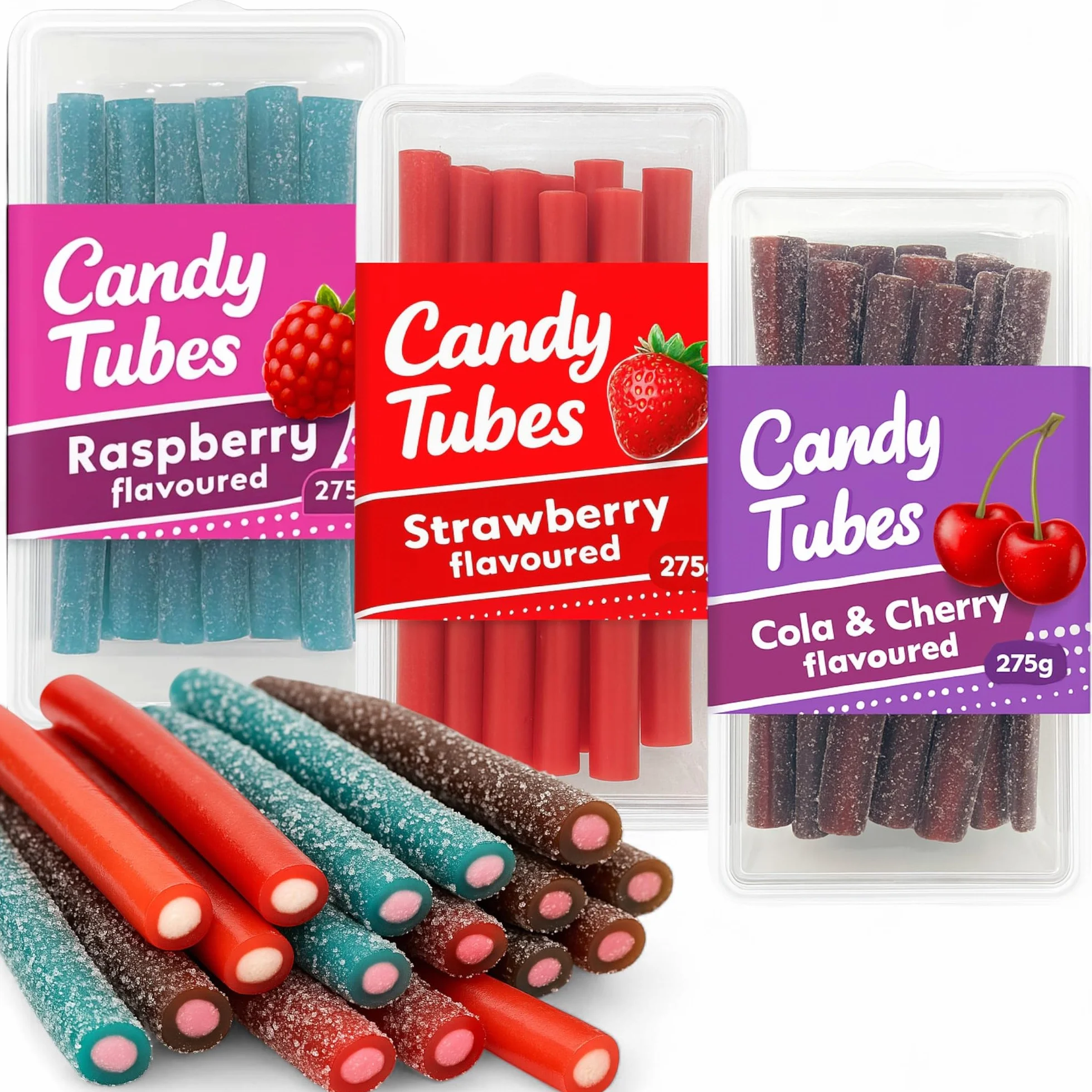 MIJOMA Lot de 3 bâtonnets de gommes aux fruits farcis - Découvrez le kola de cerise, la fraise et la framboise - Parfait pour profiter et offrir - 3 x 275 g