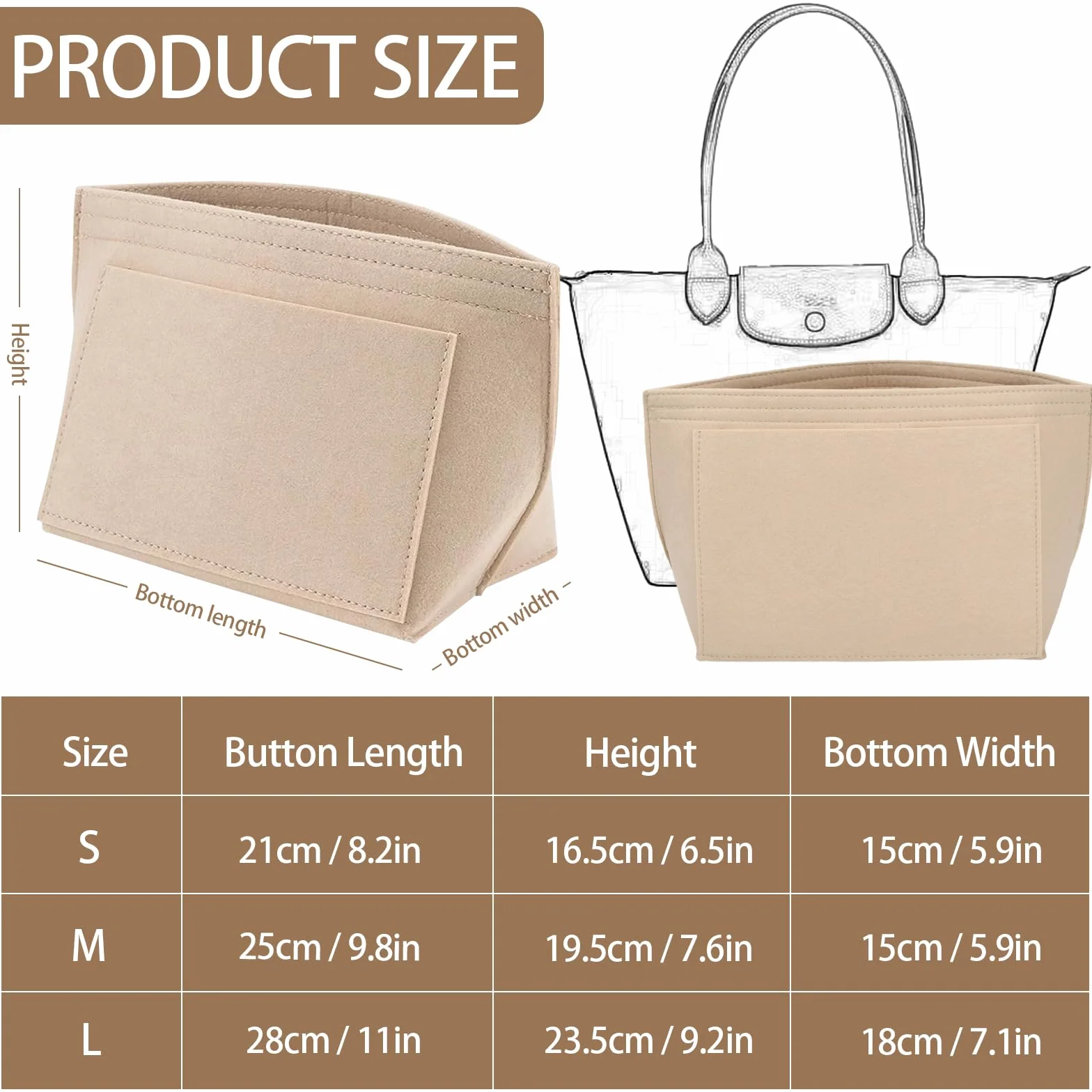 Organiseur de Sac Longchamp Feutre Pliable Multi-poches Beige L