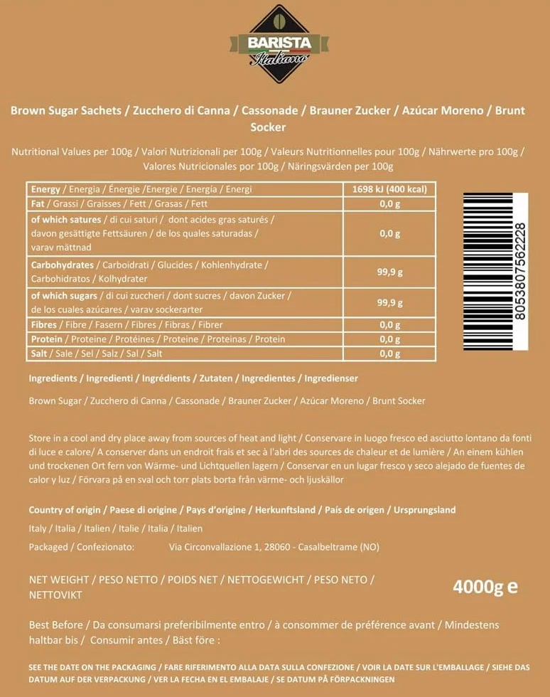 Barista Italiano - 1000 Sachets de Sucre de Canne de 4g | Sucre de Canne en doses individuelles