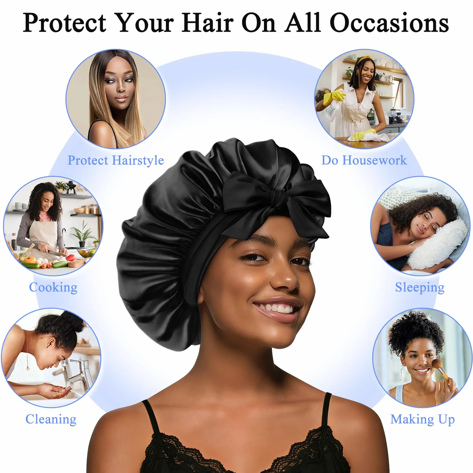 Bonnet Satin Cheveux Nuit Charlotte Locks Bouclés Ajustable Long Elastique Noir Moyen