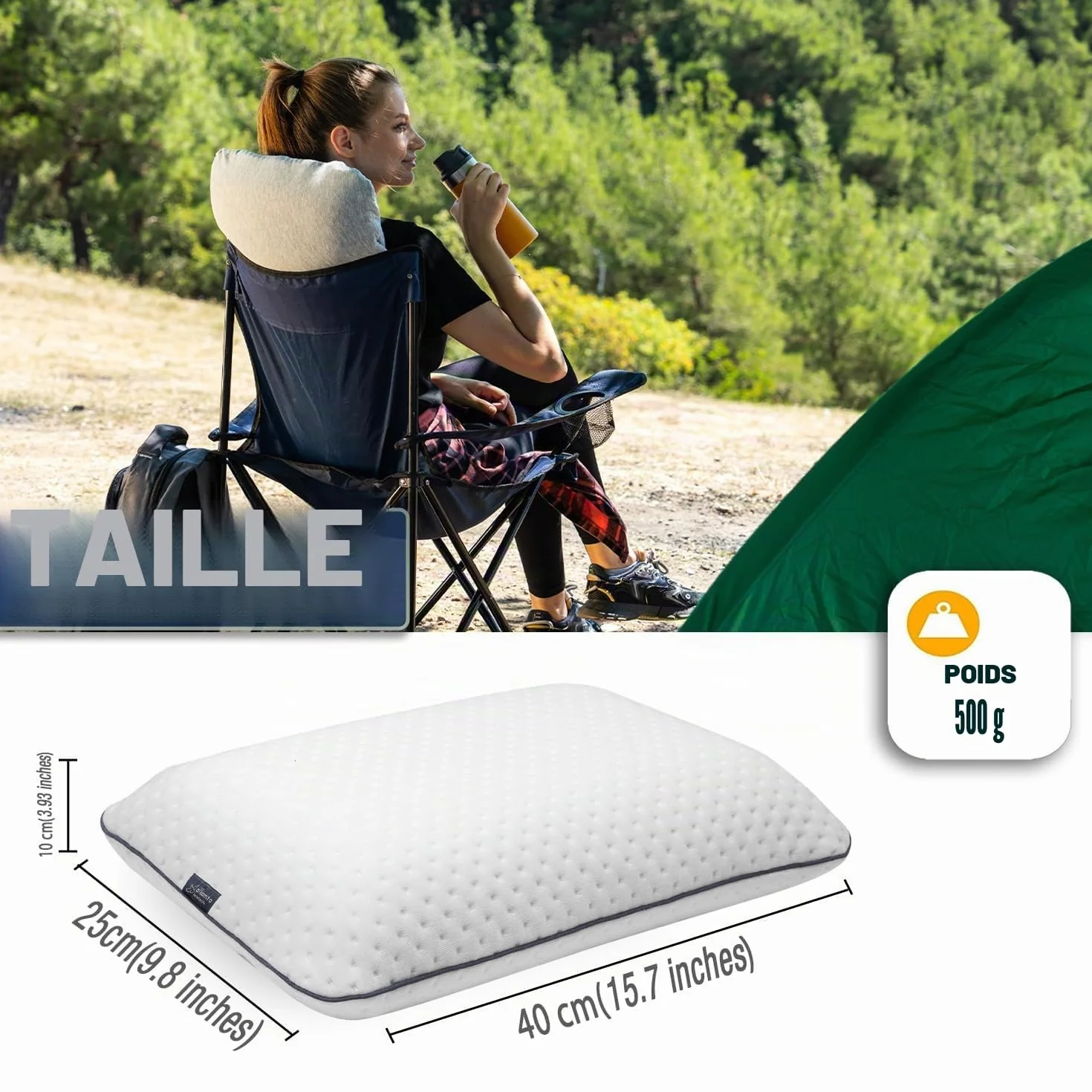 Oreiller de Voyage Oreiller de Camping Mousse à Mémoire de Forme Housse en Coton Sac Inclus