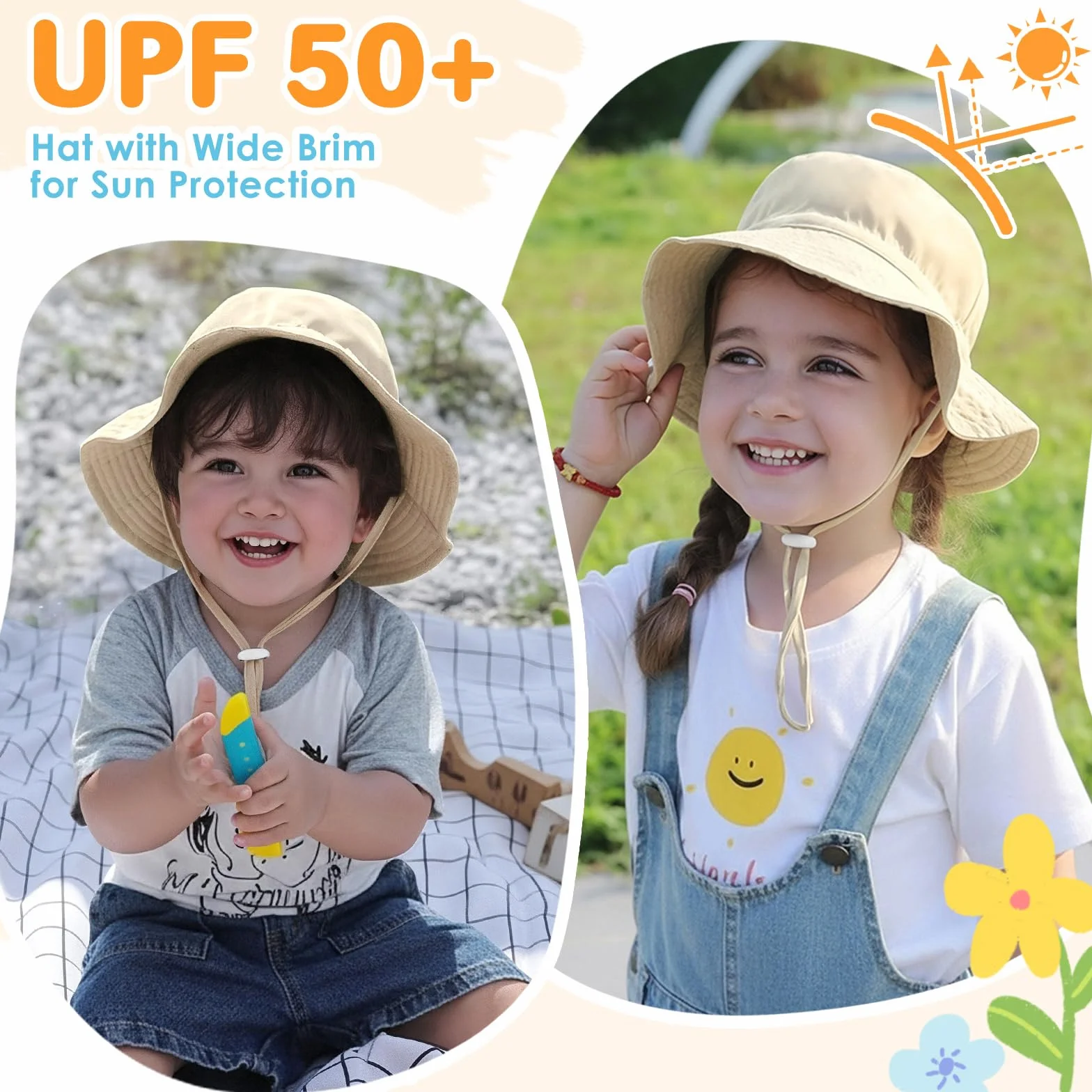 Chapeau Bébé Fille Garçon Anti UV Large Bord Casquette Soleil avec Ficelle Réglable Été