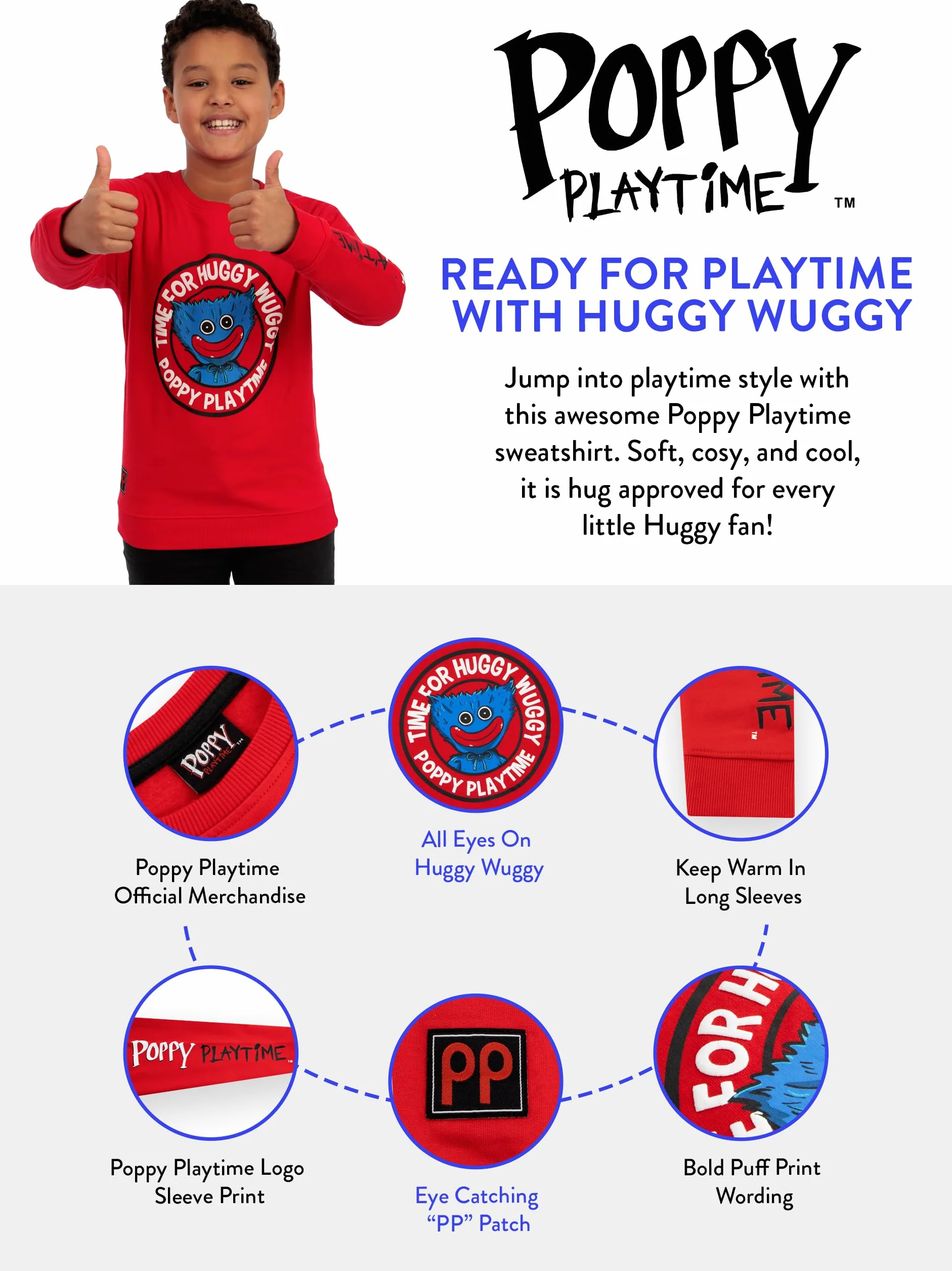 Poppy Playtime Pull Garçon, Sweatshirt Huggy Wuggy, Coton Rouge Manches Longues