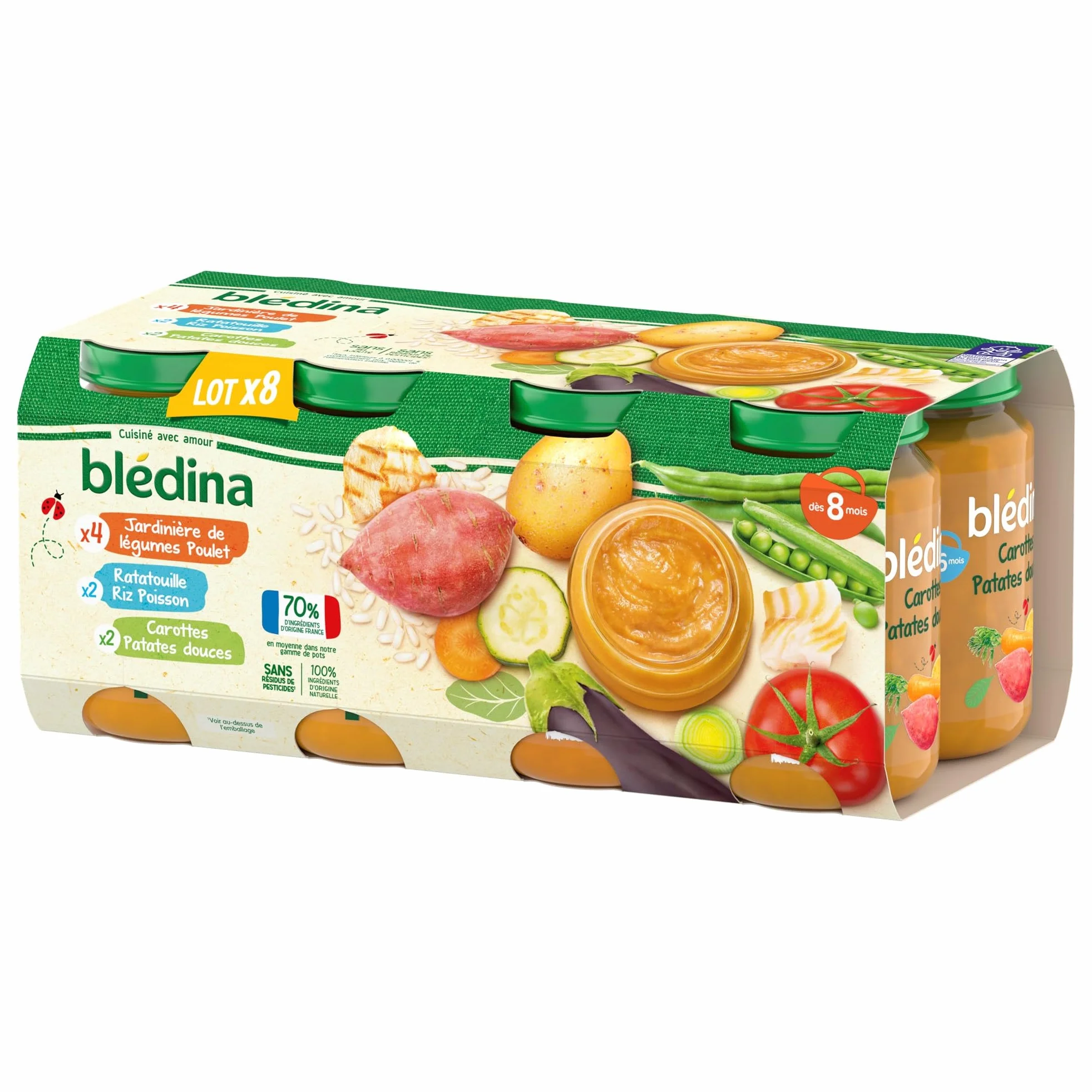 Blédina Petits Pots pour bébé, Dès 8 Mois, Légumes Poulet / Ratatouille Riz Colin / Carotte Patate Douce, 24x200g (3 packs)