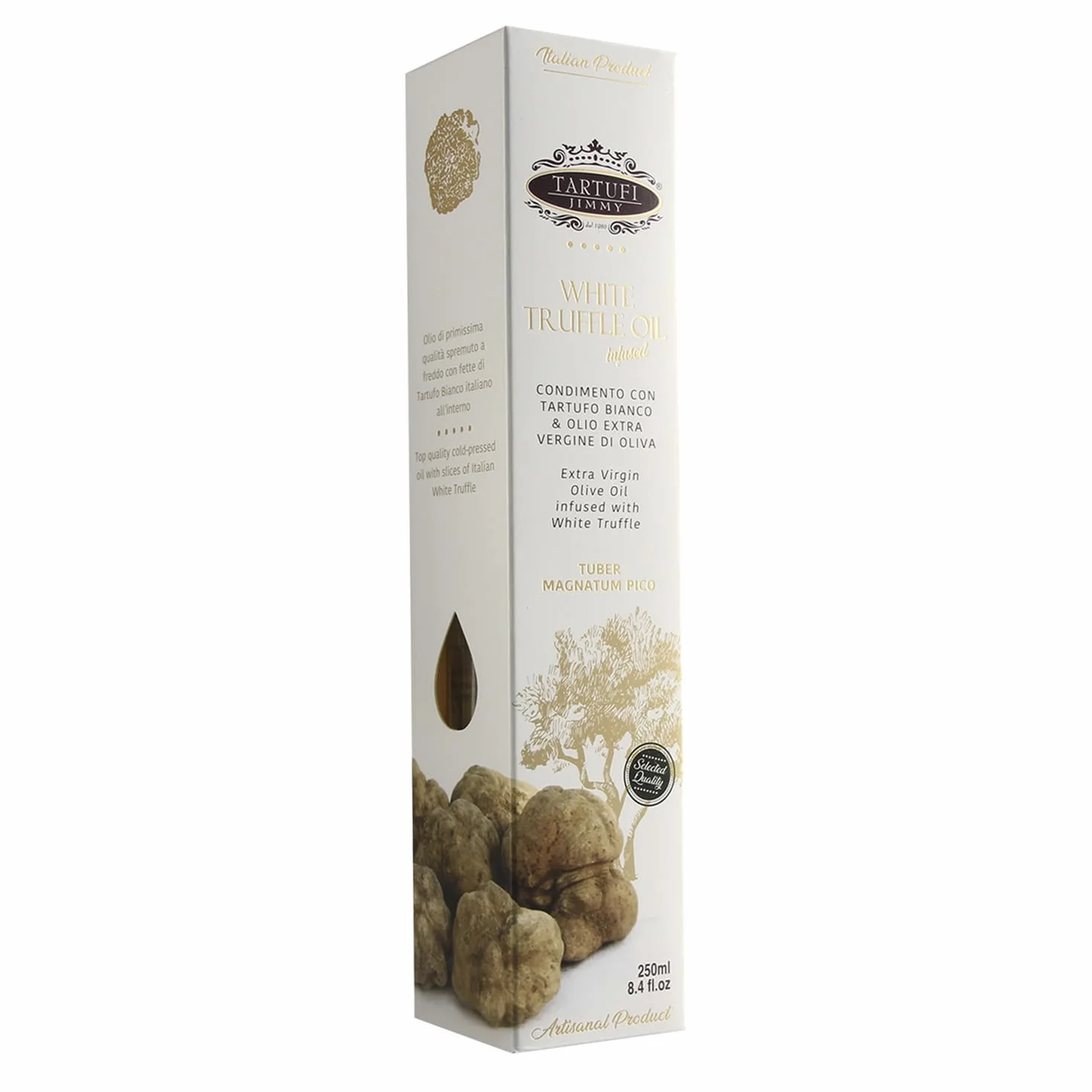 Huile d’Olive Extra Vierge à la Truffe Blanche avec Coffret - 250ml | Condiment Gourmet avec Truffe en Tranches | Fabriqué en Italie