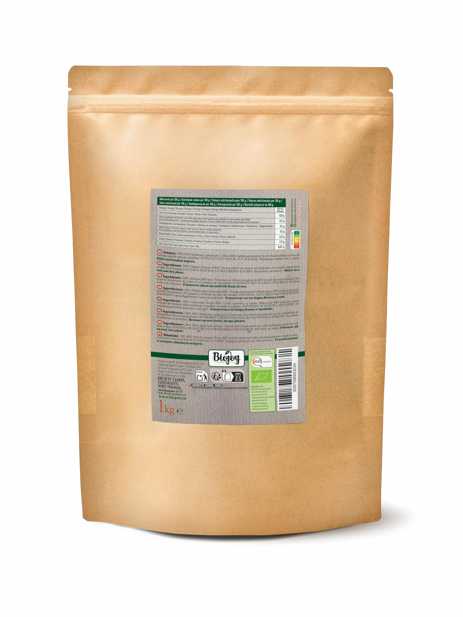 Biojoy Abricots secs BIO (1 kg), moelleux et dénoyautés