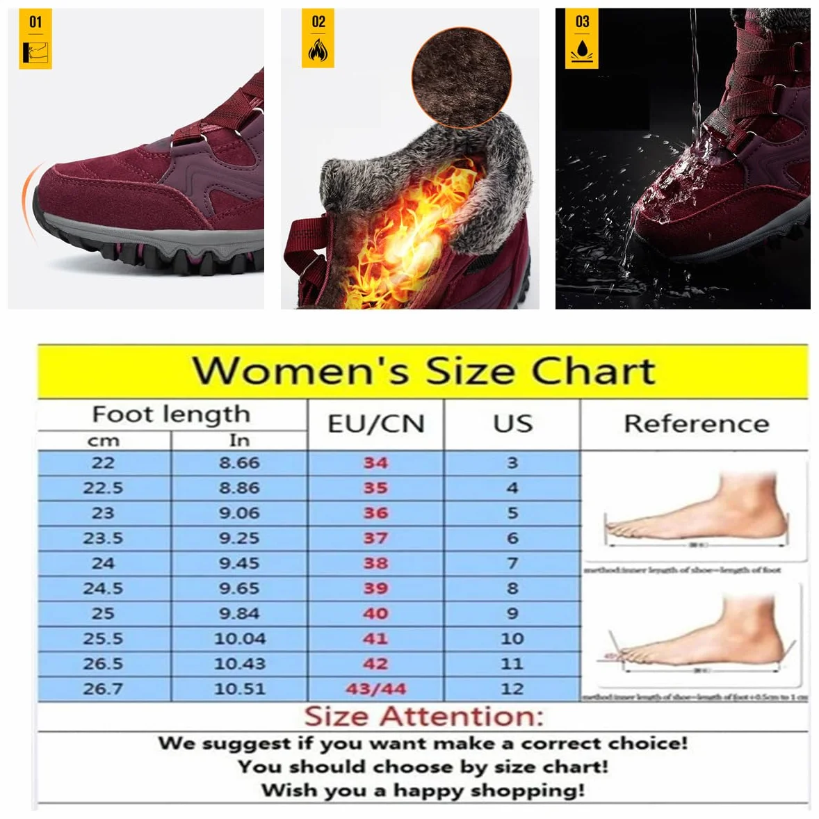 Bottes Hiver Fourrure Femme Homme Chaudes Antidérapant Neige Randonnée