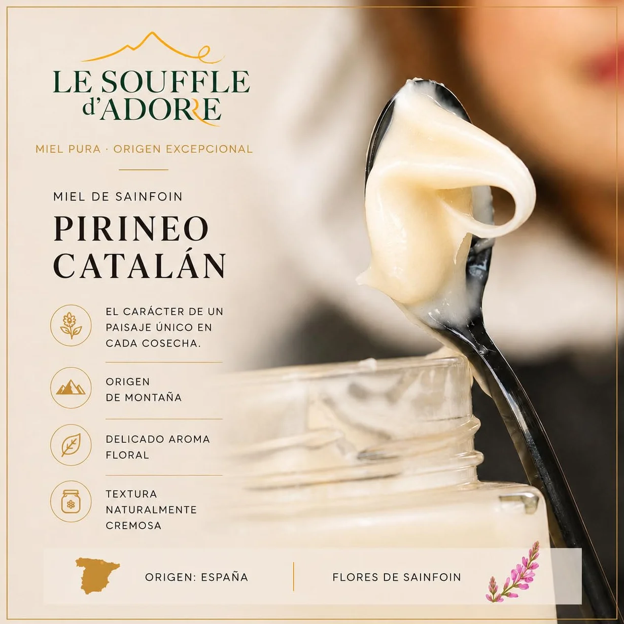 Le Souffle d'Adore Sélection - Miel d'Esparcette (Sainfoin) 500g - Miel Blanc Crémeux Naturel - Pur, Sans Sucre Ajouté, Sans Additifs