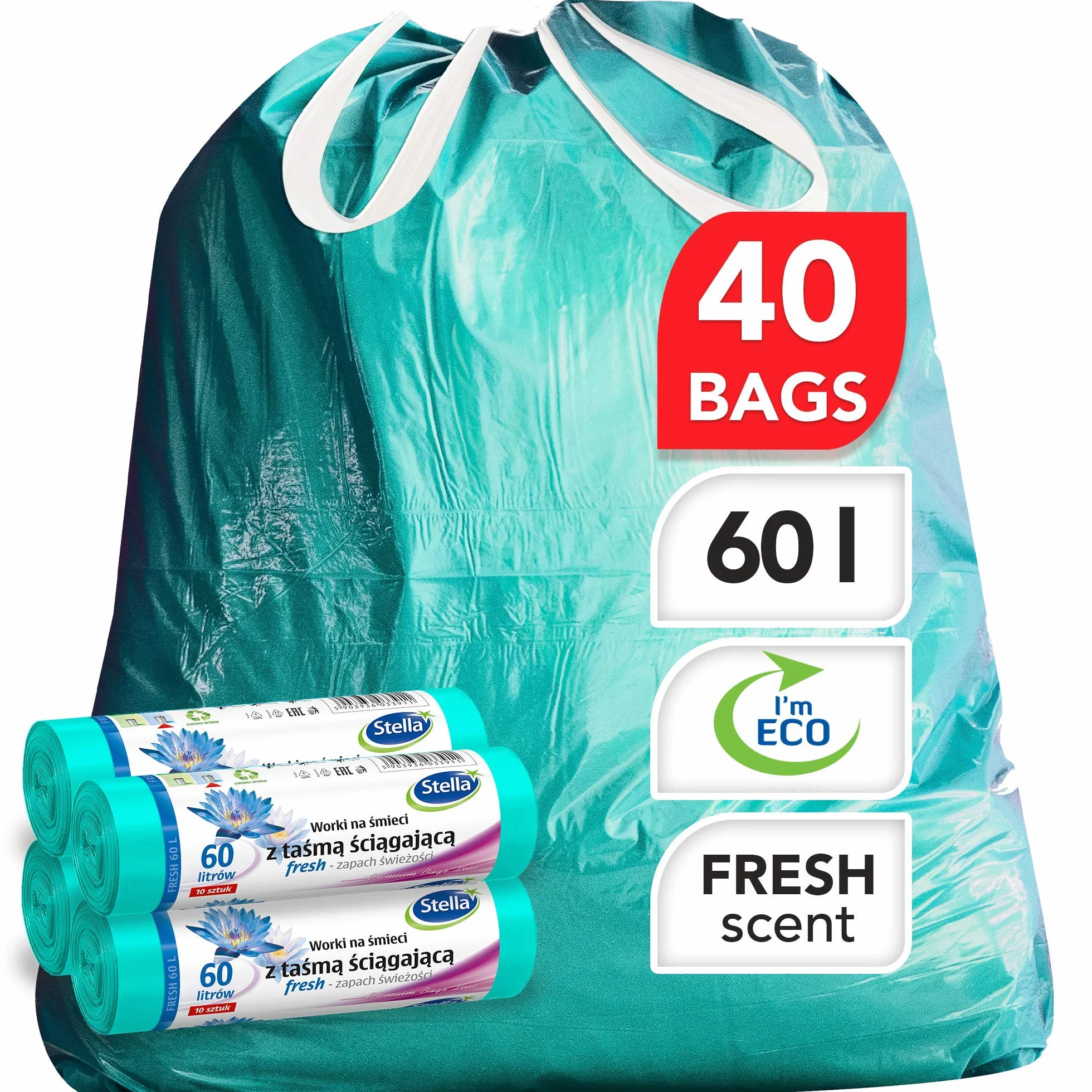 Stella Pack Sacs Poubelle 60l Écologiques Durables et Recyclables Avec Lien Parfumés Résistants en Plastique Pour Déchets Mint 40 Pcs Forte Tenue Facile à Fermer, 60 litres en