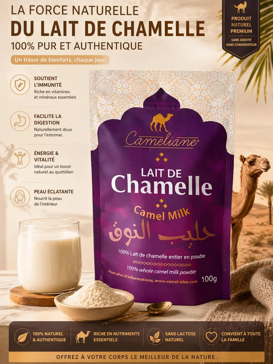 Сamel milk en poudre – lait de chamelle 100% entier, riche en protéines, faible en lactose, qualité premium, 100 g