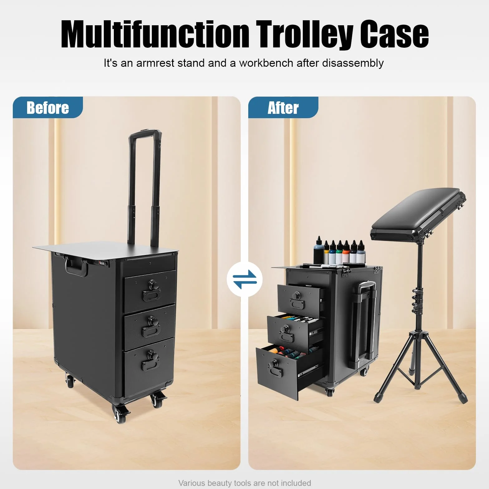 Mallette de maquillage trolley avec 3 tiroirs, serrure à combinaison et support pour accoudoirs