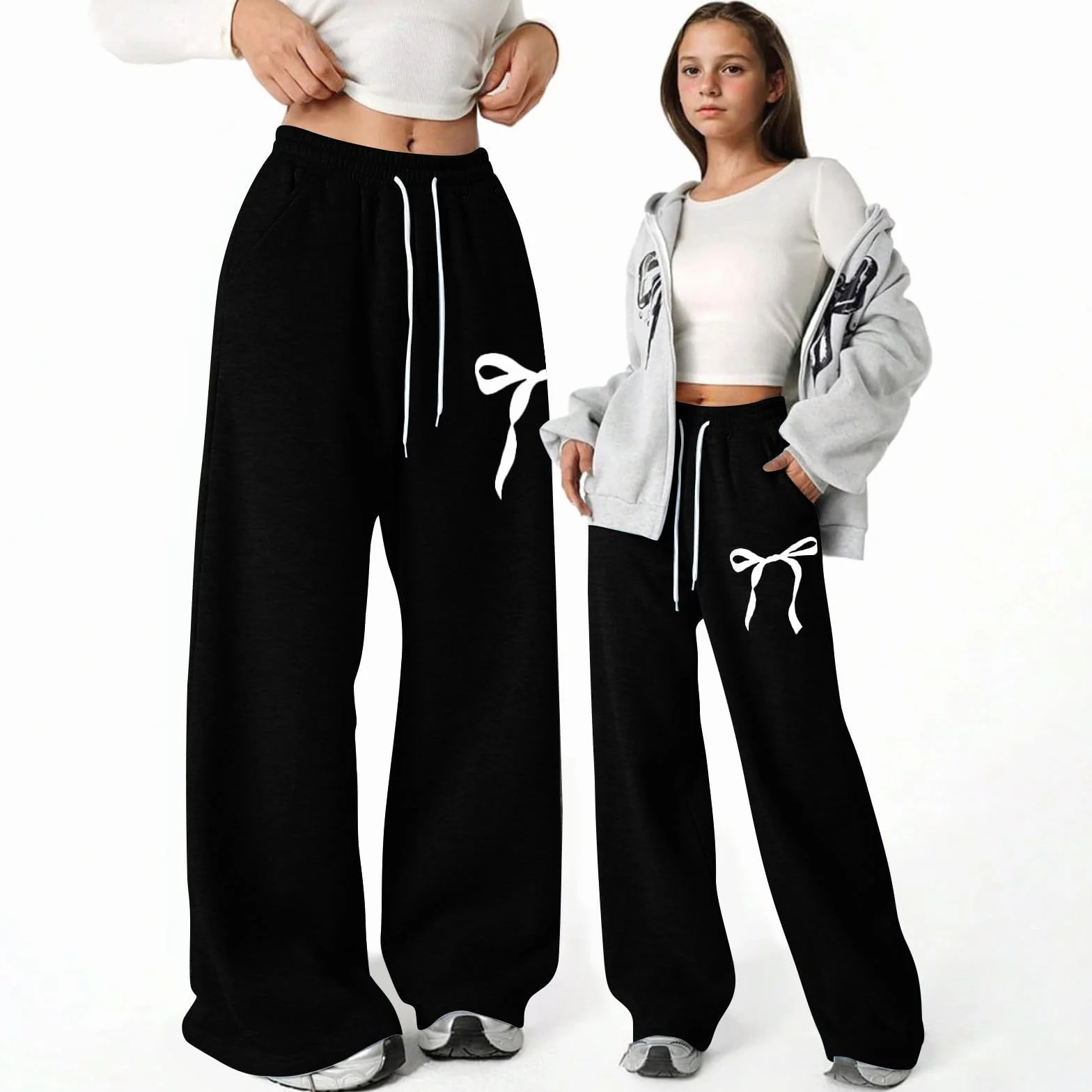 Pantalon jogging Filles Baggy avec Nœud Taille Élastique Cordon de Serrage Poches Jambe Large Couleur Unie Enfants Ado 4-16 Ans