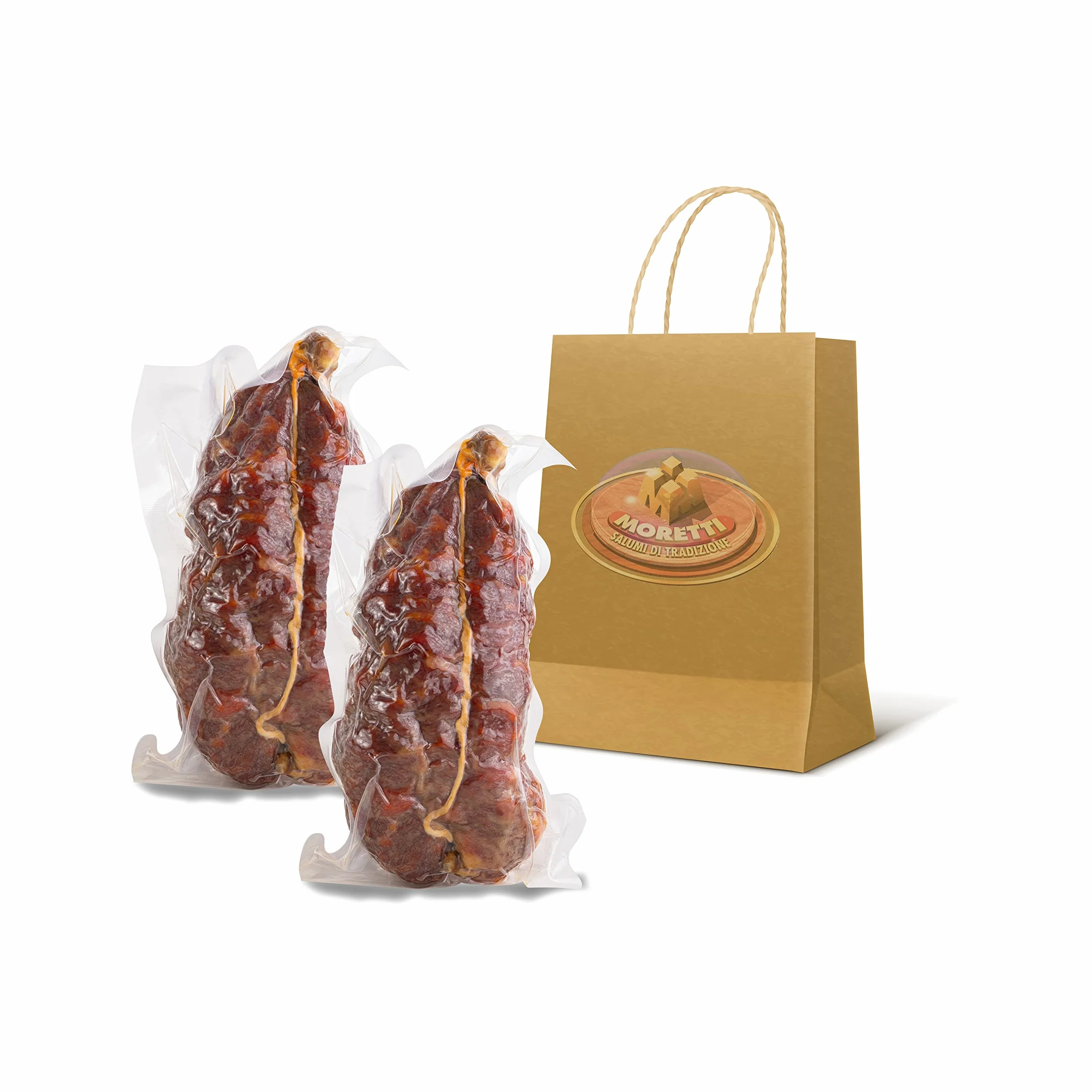 Moretti® | Soppressata assaisonnée artisanale | 600g / 700g Sous Vide 2 Packs | piment calabrais | Salami traditionnel | Planche à découper en bois cadeau (Doux)
