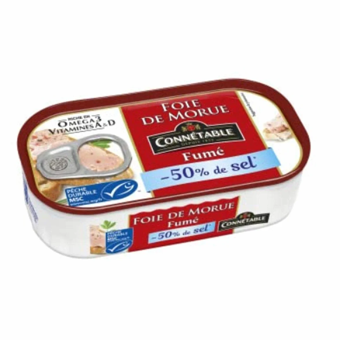 Connétable Foie de morue MSC fumé au bois de hêtre -50% de sel - La boîte de 121g