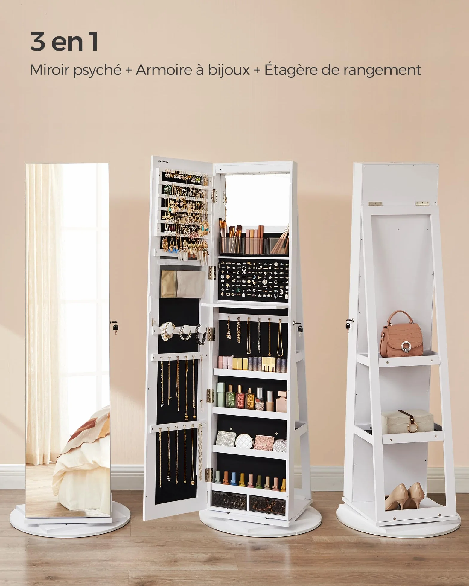 SONGMICS Armoire à Bijoux avec Miroir sur Pieds, Verrouillable, 6 LED, Pivotant 360°, 3 Étagères, Blanc, Noir
