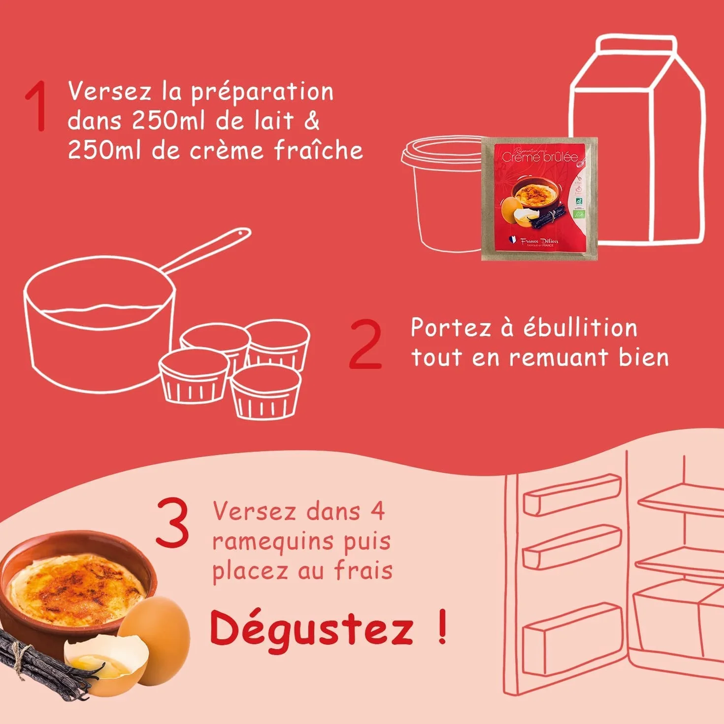 FRANCE DÉLICES - Préparation Pour Crème Brûlée Bio - Dessert Gourmand Et Naturel - Prêt En 5min - Fabrication Artisanale En France - Sans Gluten - 4 Pers. - 10 Sachets De 40g