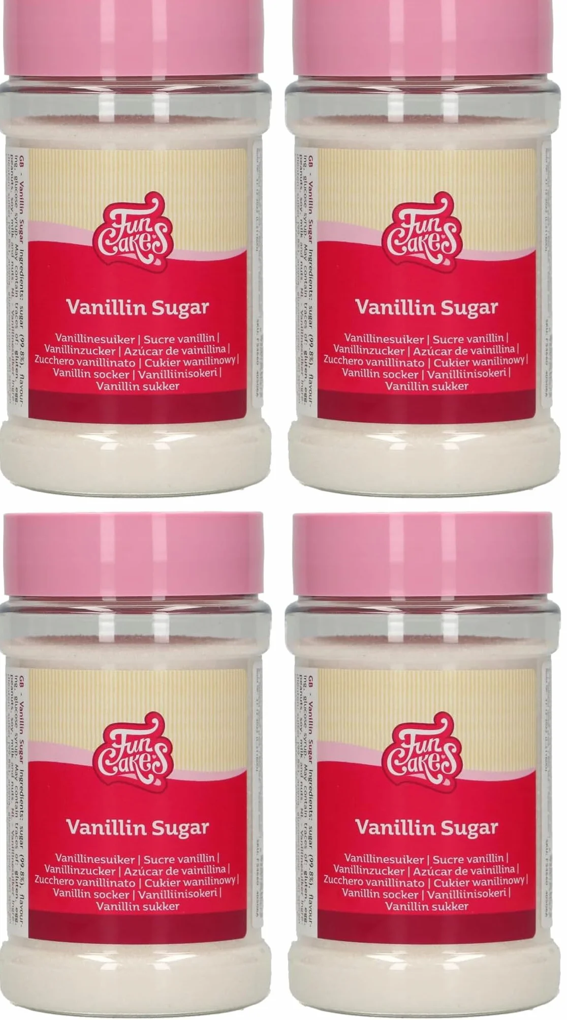 FunCakes Sucre Vanillin FunCakes: Sucre à la saveur de vanille, à utiliser dans la pâte ou base, saupoudrer de fruits frais, 250 g. (Lot de 4)