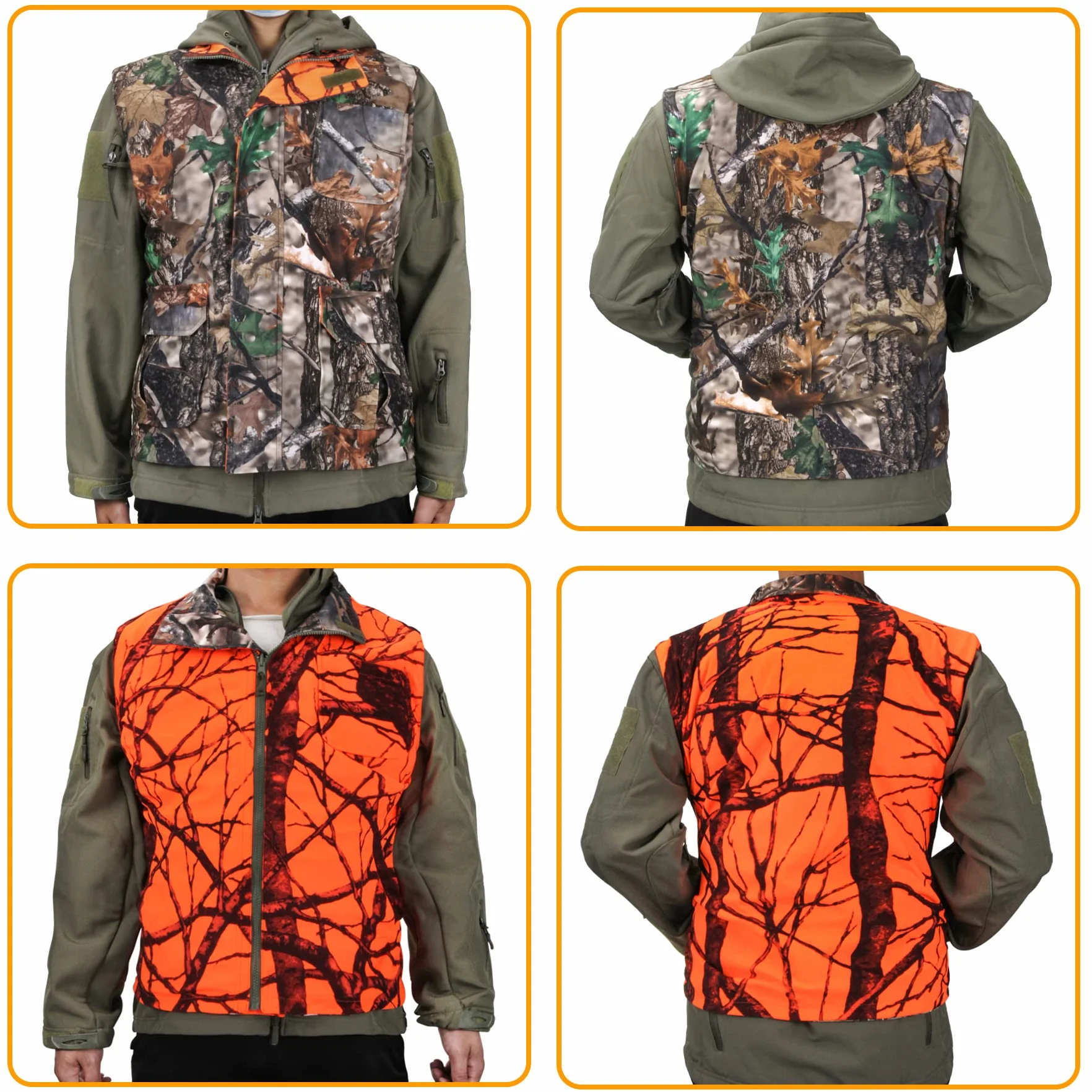 GUGULUZA Gilet de Chasse Orange Camo Réversible Multi-Poches