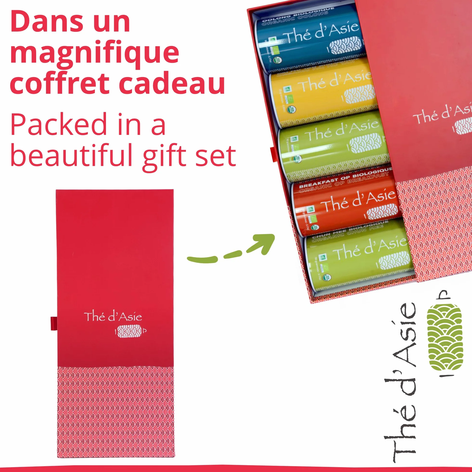 Khla - Coffret de 5 Thés Bio en Vrac - 5 Boites Métal - Coffret Cadeau à Offrir - Oolong, Pai Mu Tan, Breakfast OP, Sencha & Chun Mee - Thé Bleu, Vert Noir & Blanc - Tisane, Infusion
