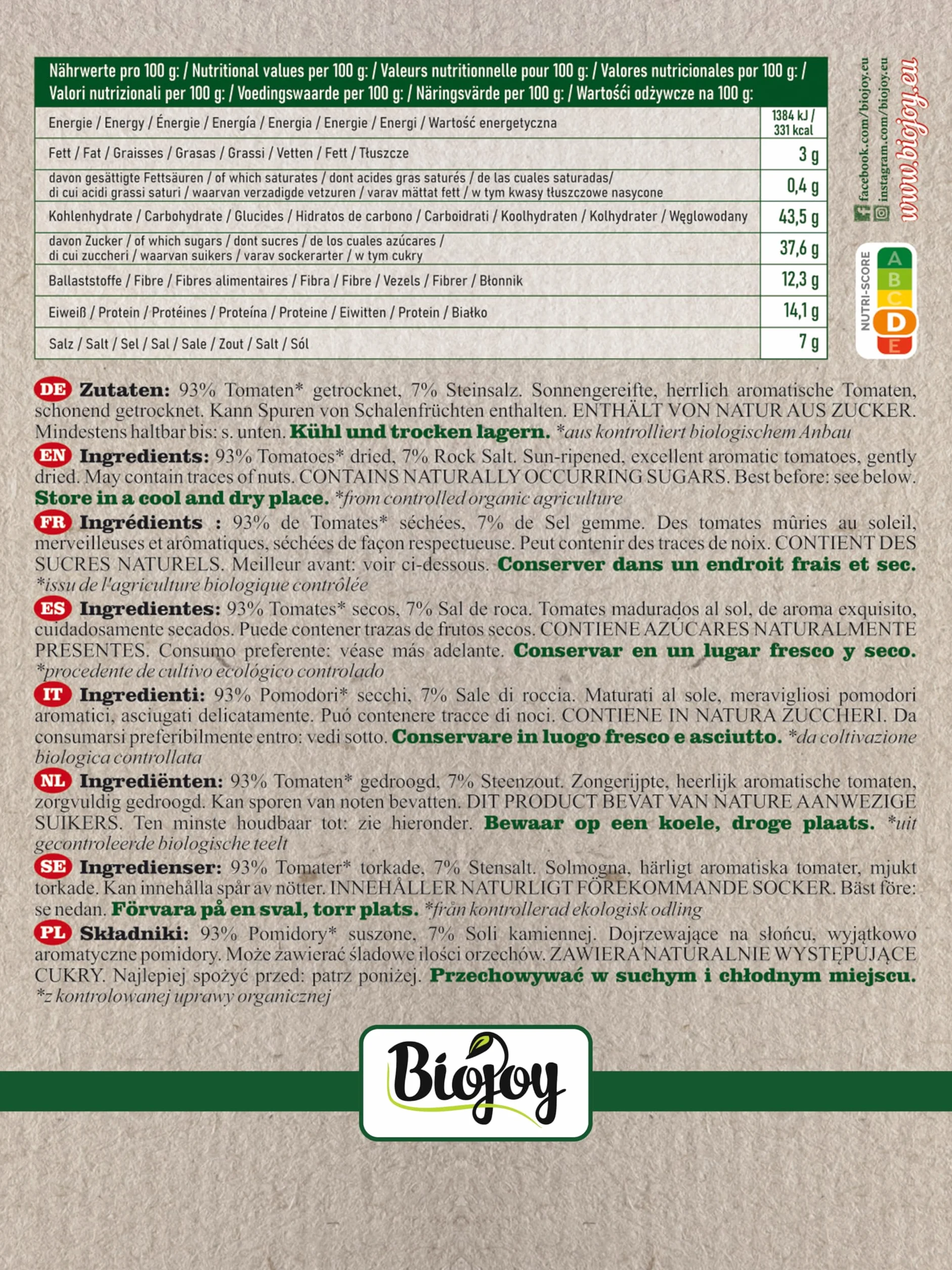 Biojoy Tomates séchées BIO (1 kg), sans huile, non sulfatés, avec 7% de Sel gemme