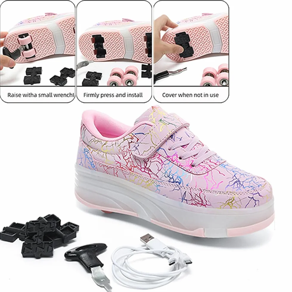 Patins à roulettes Enfants 2 en 1 Chaussures de Sport Skateboard avec 4 Roulettes Rétractables
