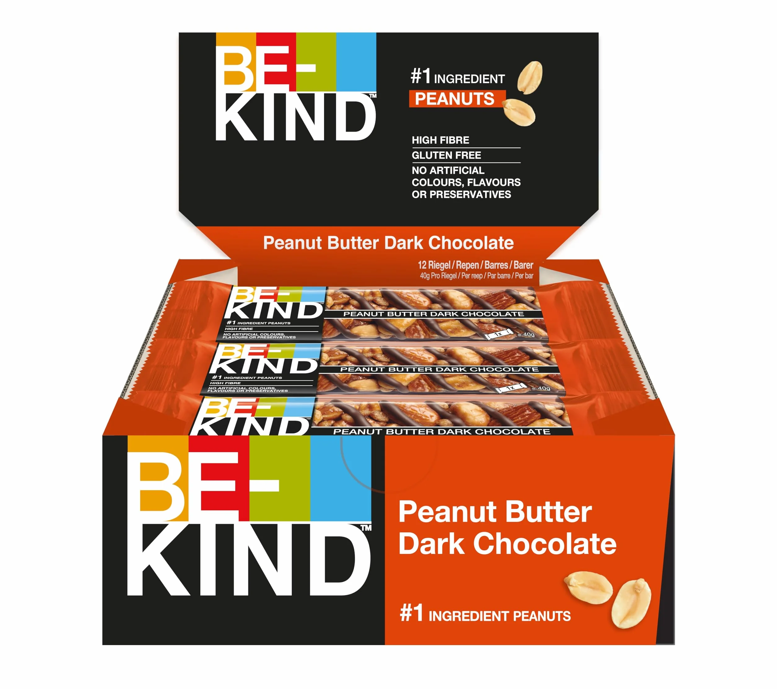 BE-KIND - Barres de céréales chocolat noir et beurre de cacahuètes - Grand format contenant 12 barres de 40g