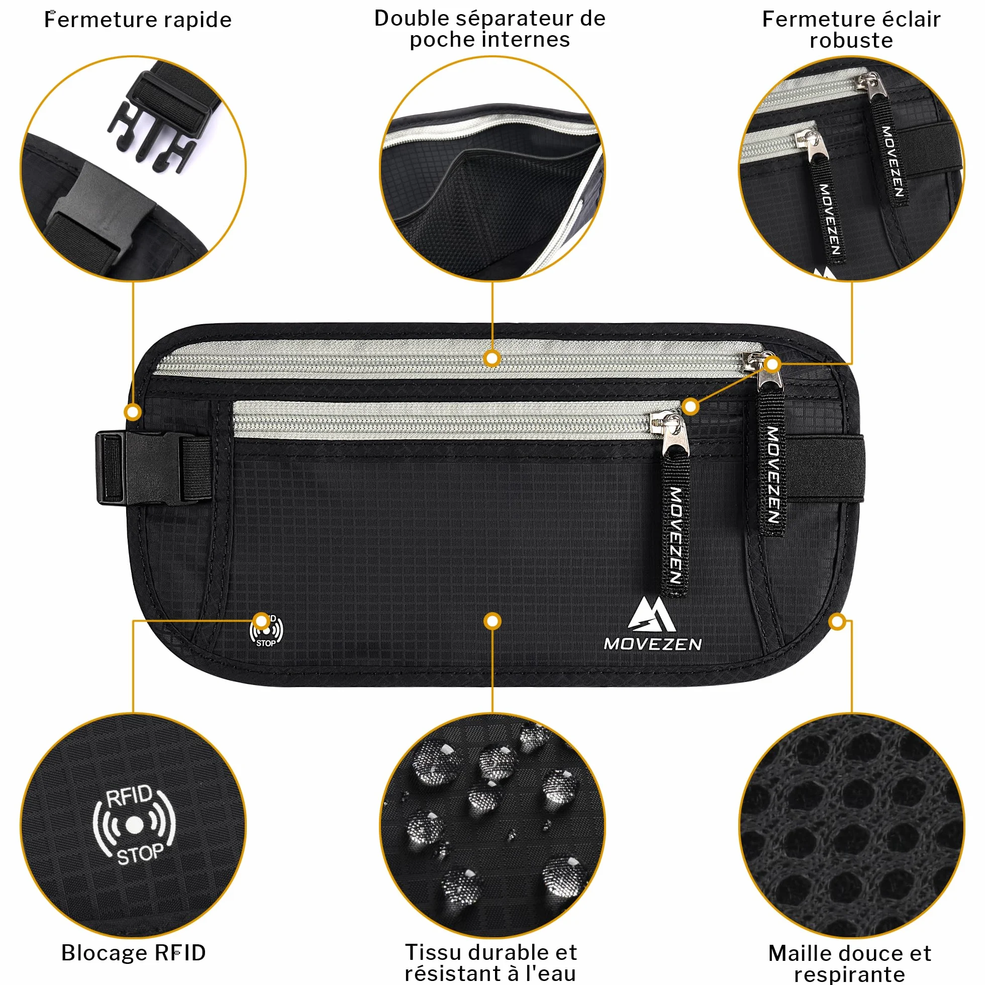 Ceinture Cache Billets Homme Femme RFID, Sac Banane Discret Antivol Voyage (Noir Profond)