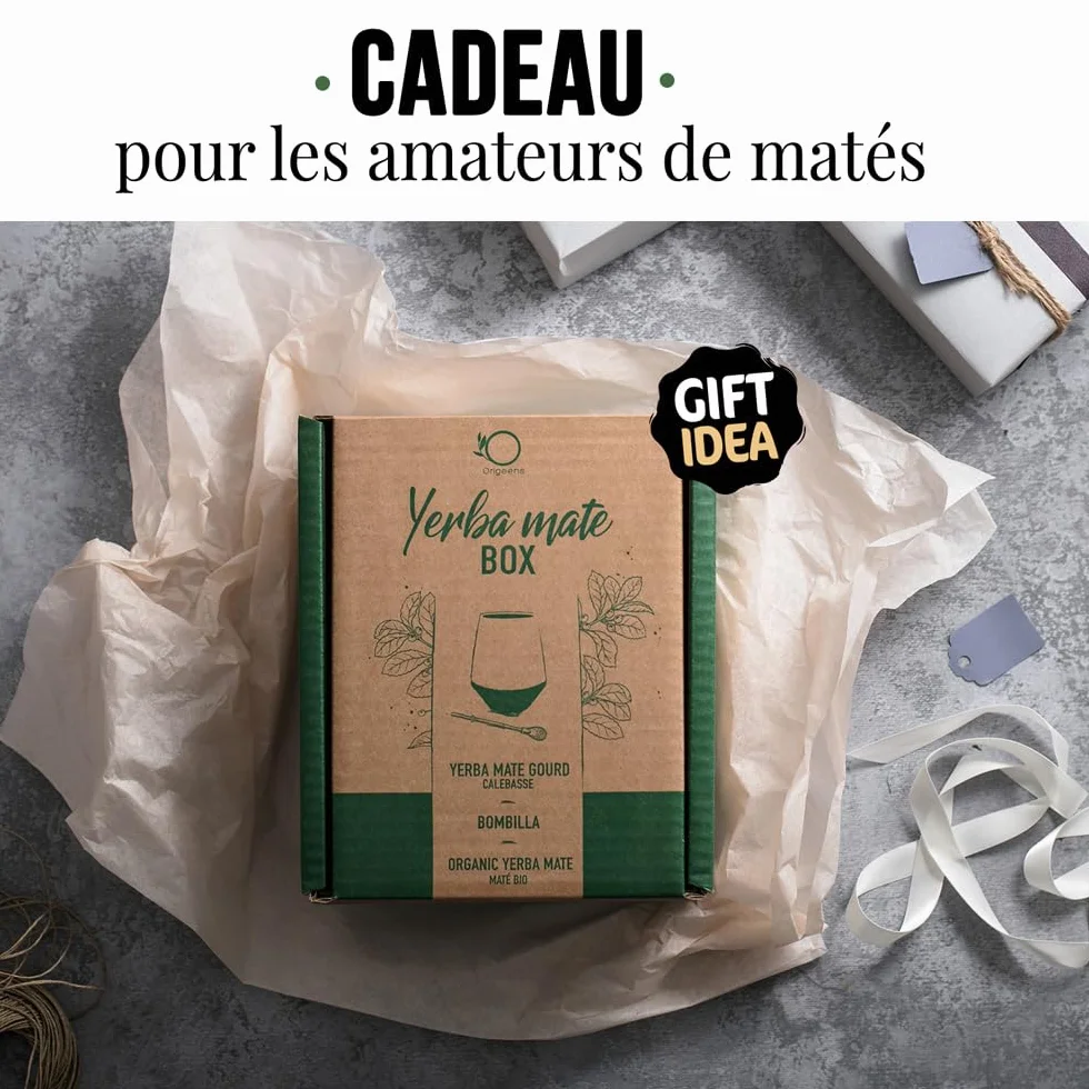 ORIGEENS CALEBASSE MATÉ - Conditionné en France - Kit Mate Complet avec Tasse Maté Céramique Artisanale (Portugal), Bombilla, Yerba Mate BIO inclus - Coffret Cadeau