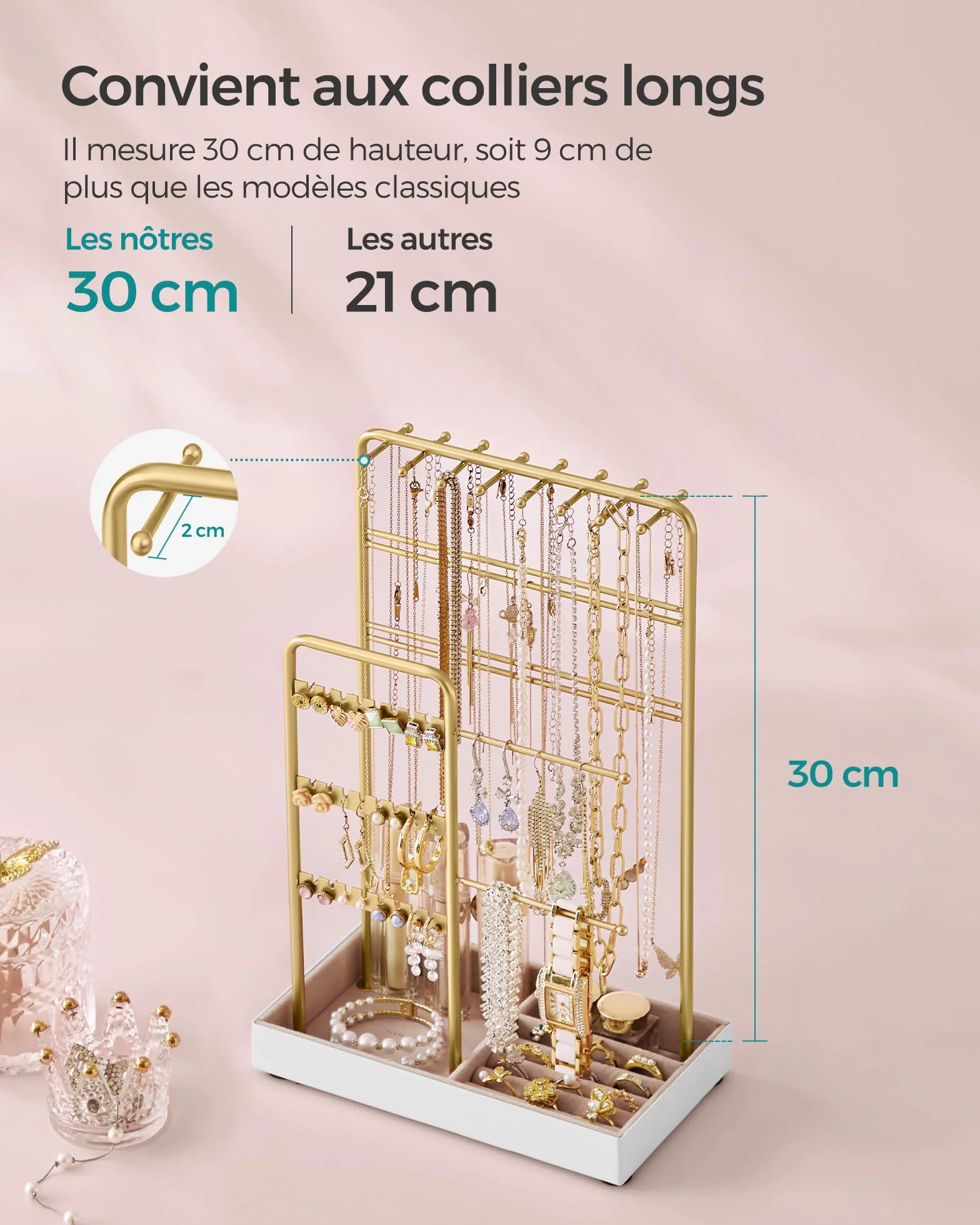 SONGMICS Porte-bijoux en Métal Plateau Velours Doré JJS021A01