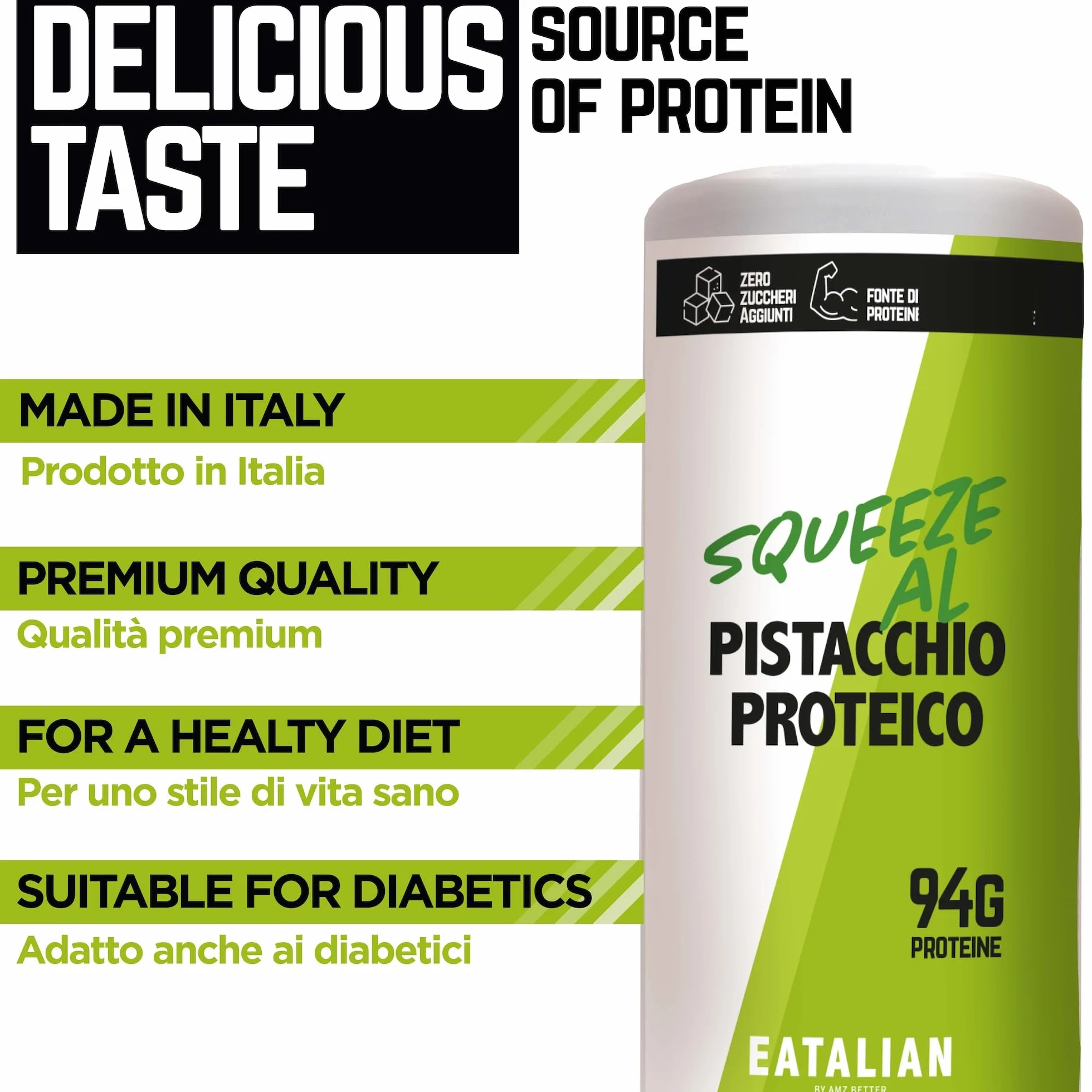 EATALIAN by AMZ BETTER Topping Protéiné au Goût de Pistache, Crème Sucrée Protéinée en Squeezer de 500 gr, Made in Italy, Sauce Pistache Idéale pour Décorer Glaces, Desserts et Dubai Chocolate