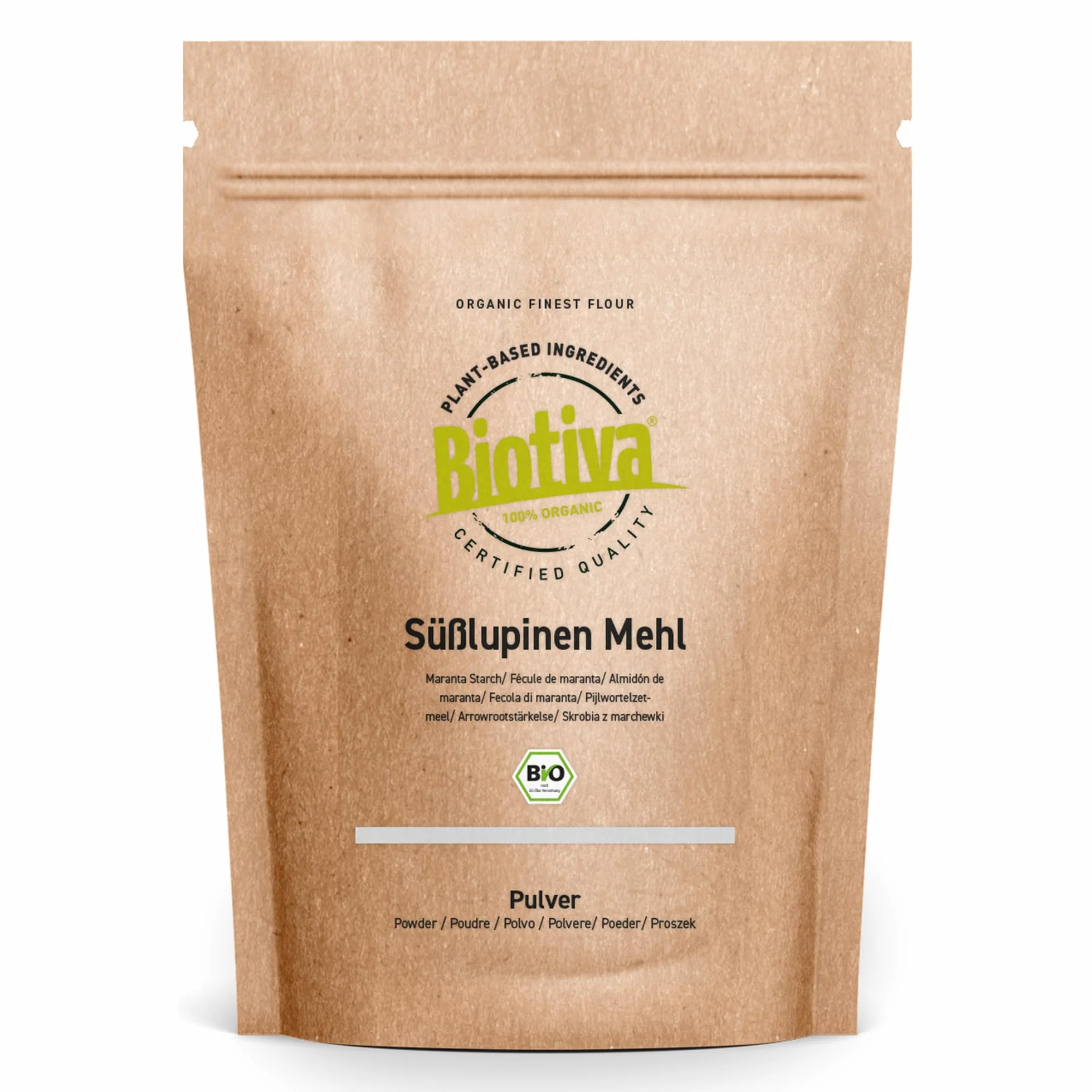 Farine de lupin doux Biotiva 1kg - à base de graines de lupin - 100% naturelle - substitut végétalien de farine de céréales - sans gluten - certifiée et conditionnée en Allemagne