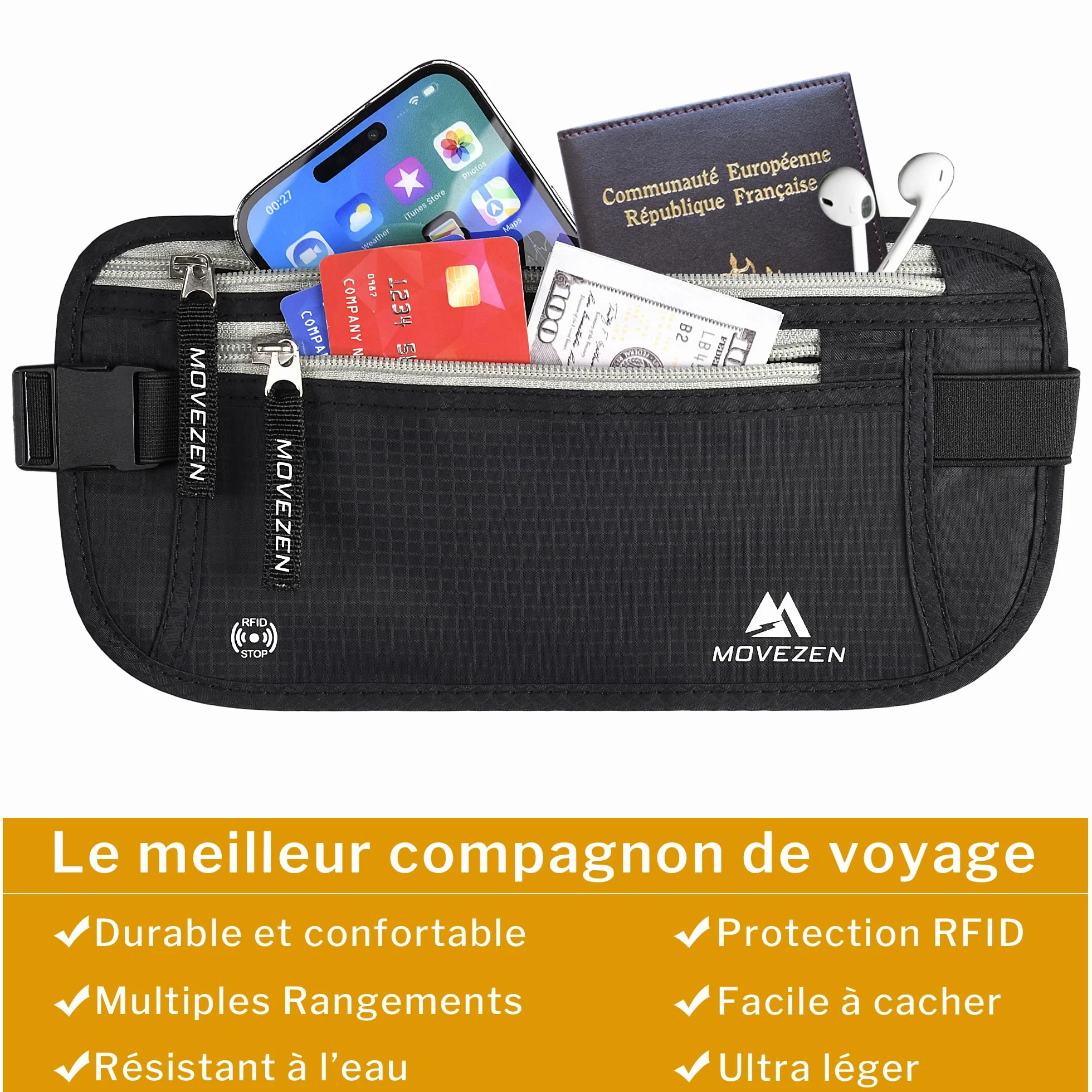 Ceinture Cache Billets Homme Femme RFID, Sac Banane Discret Antivol Voyage (Noir Profond)