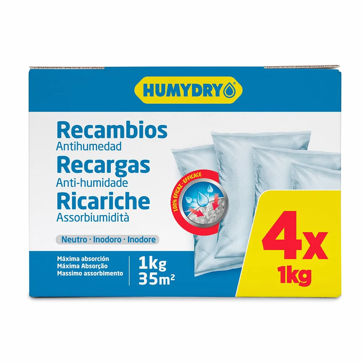 Lot de 4 Recharges Anti-humidité pour Déshumidificateurs - Idéales pour Placards, Salles de Bains et Chambres - Espaces jusqu'à 35 m2 - Sachets de 1 kilo - Parfum : Neutre - Humydry