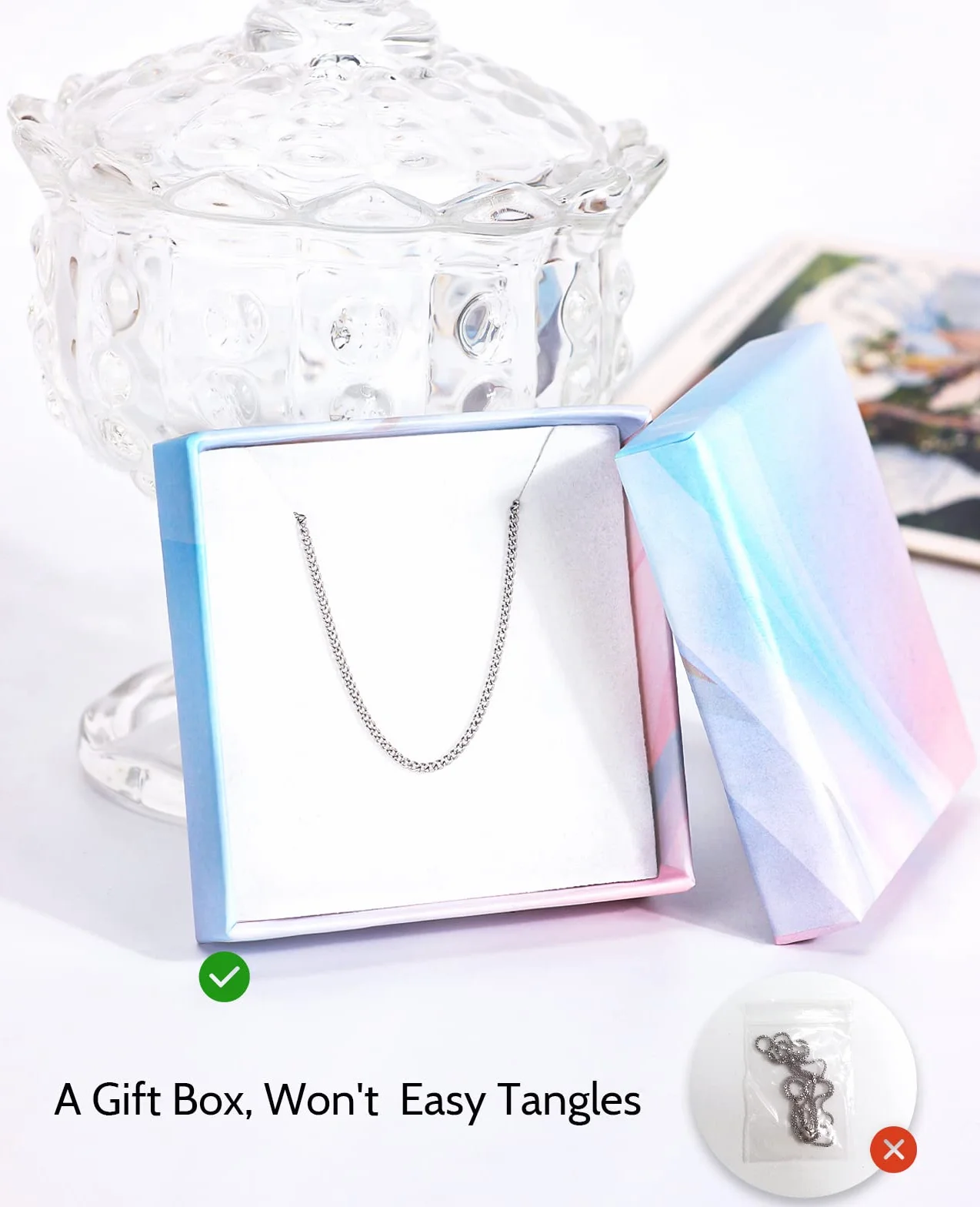 OSTAN Collier chaîne en argent pour femmes 1,4 mm plaqué or blanc