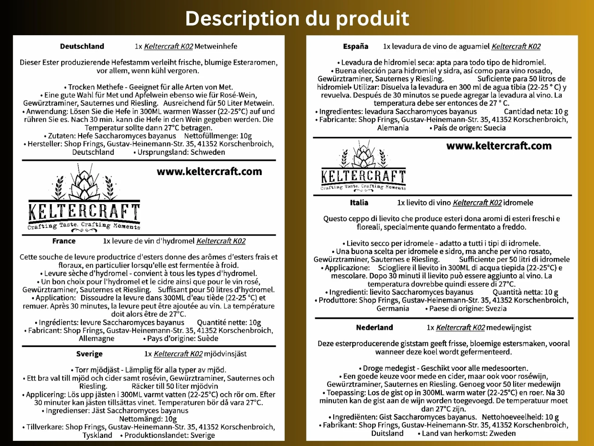 Keltercraft K02 Levure Hydromel [10g: Pour 25L] Mead Yeast | Faites votre propre vin d'hydromel !
