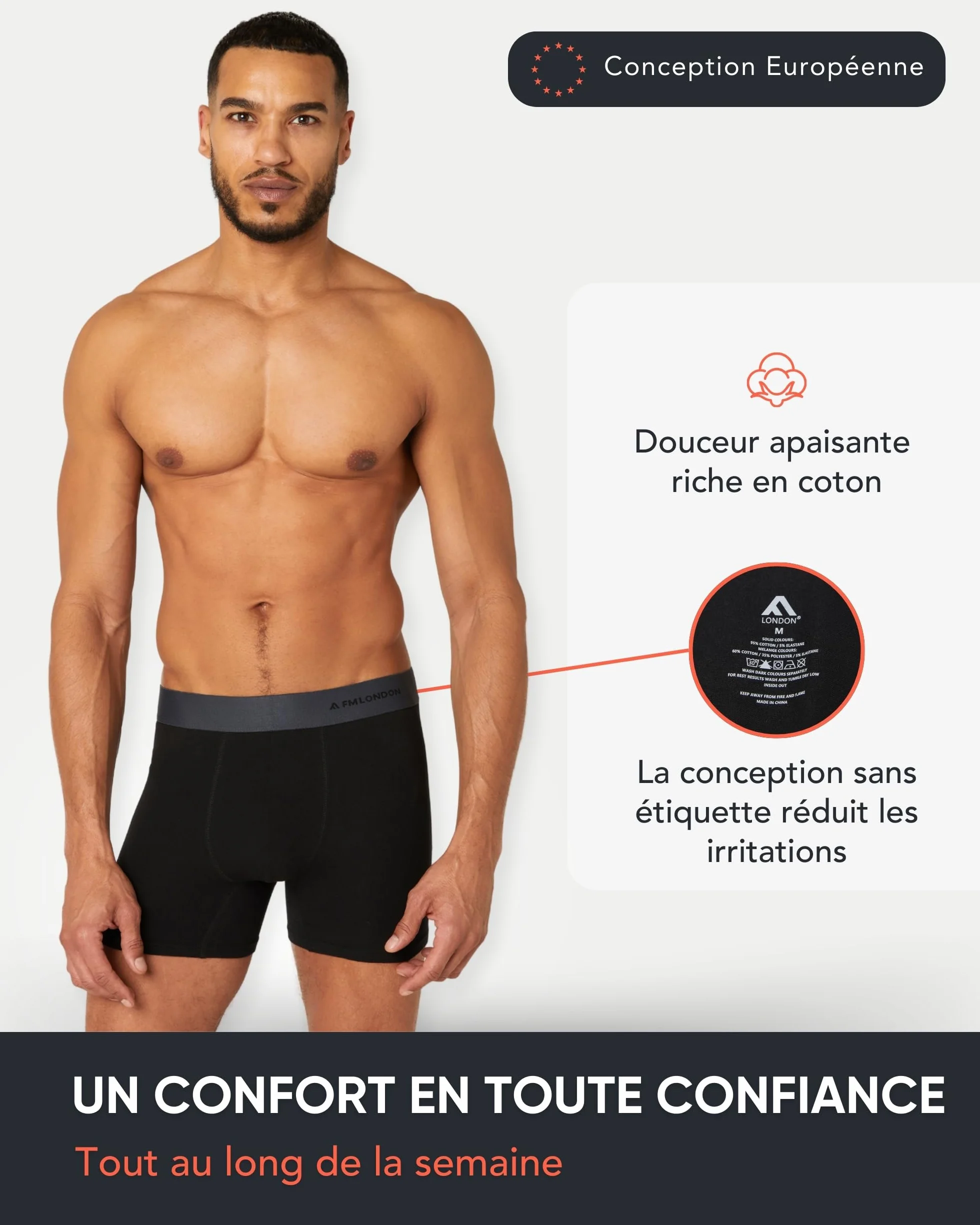 FM London Lot de 7 Boxers pour Homme sans Étiquette Riche en Coton Respirant