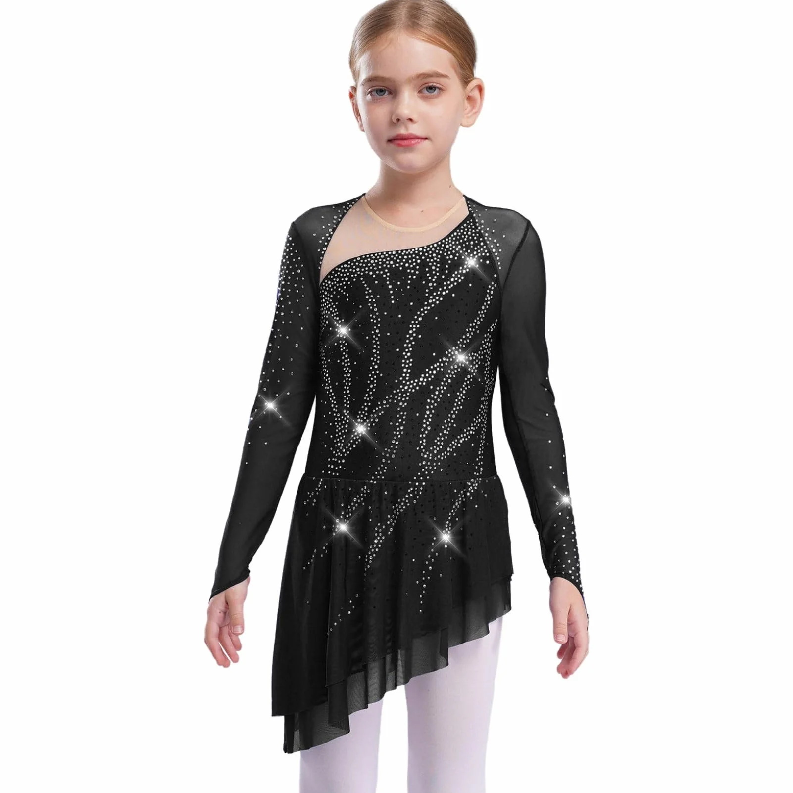 Oyolan Fille Robe Patinage Artistique Manches Longues Strass Asymétrique Danse Leotard Gymnastique