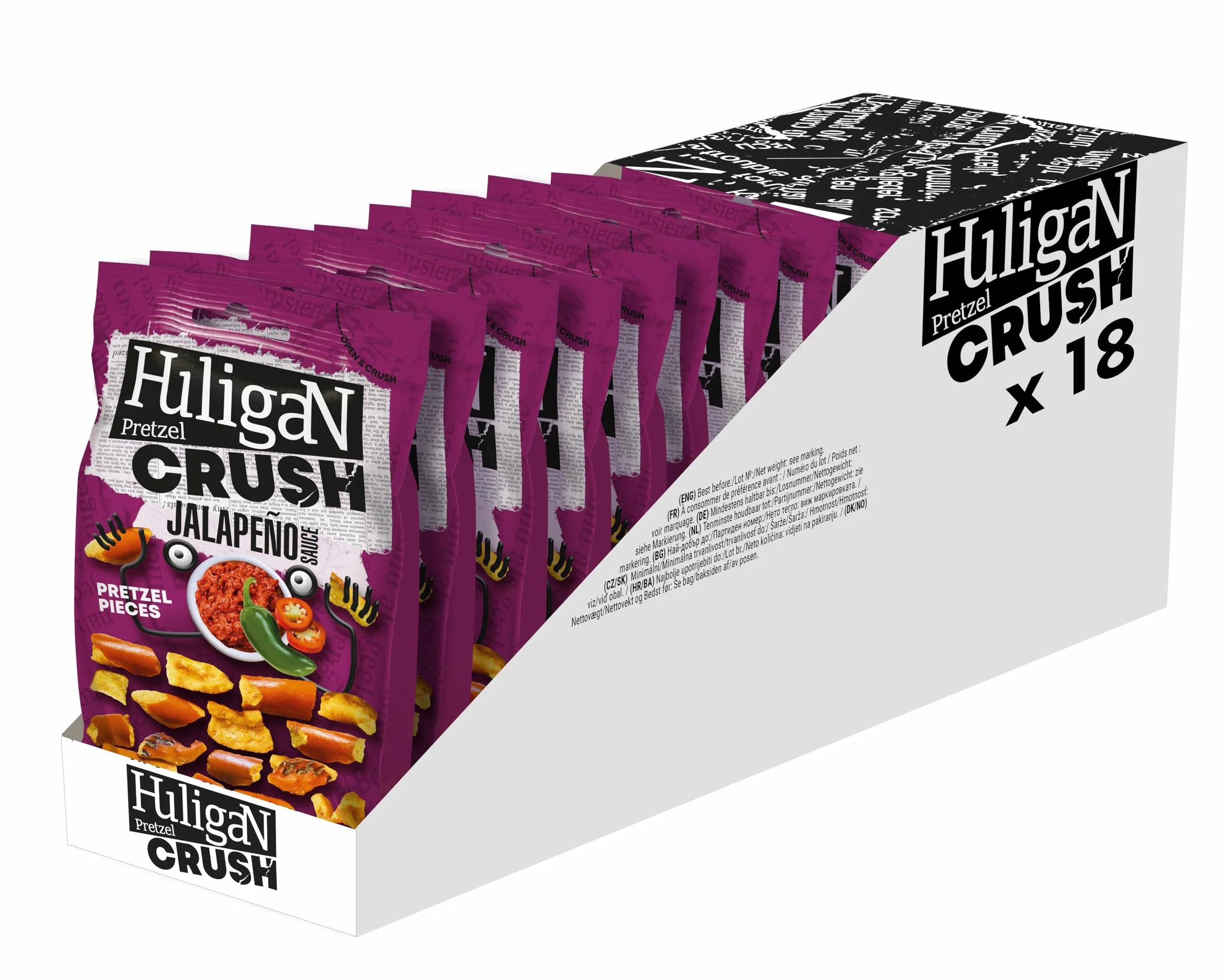 Huligan Jalapeno Bretzels Crush (lot de 18 x 65 g) – Boîtes à goûter végétariennes saines au four (lot de 18)