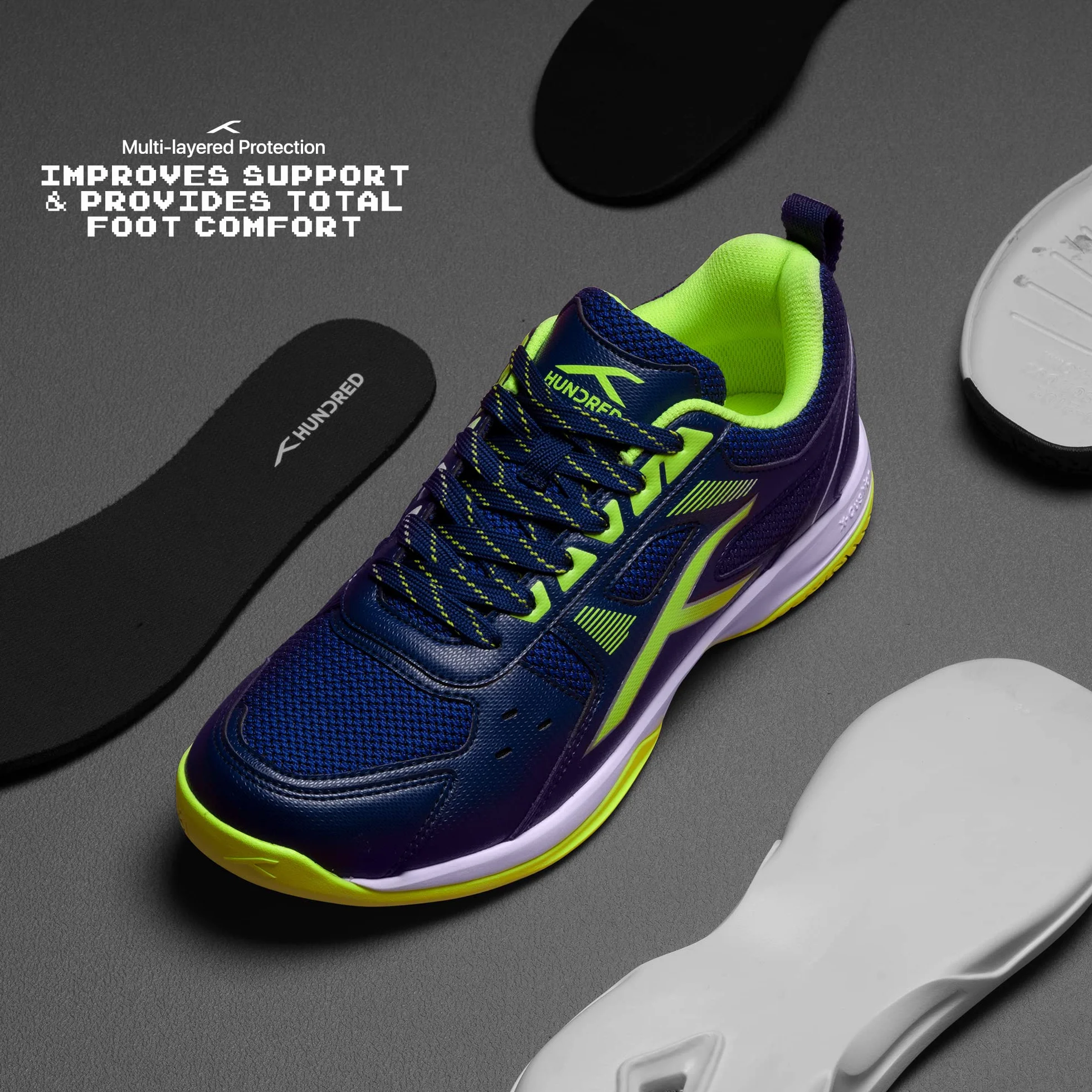 Hundred Raze Non-Marking Badminton Shoes for Men Polyester Upper Rubber Sole Indoor Tennis Squash Padel