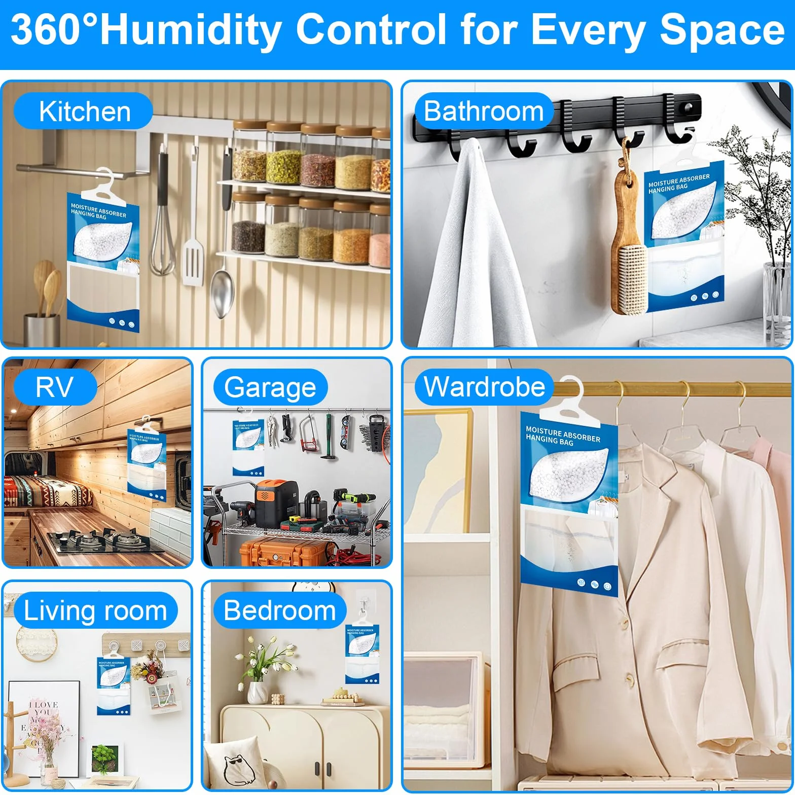 6 x 230g Absorbeur d'Humidité, Sachets Déshumidificateurs Suspendus pour Placard, Set Anti-Moisissure et Humidité pour Cuisine, Salle de Bain, Garde-Robe, Voiture, Élimine les Odeurs