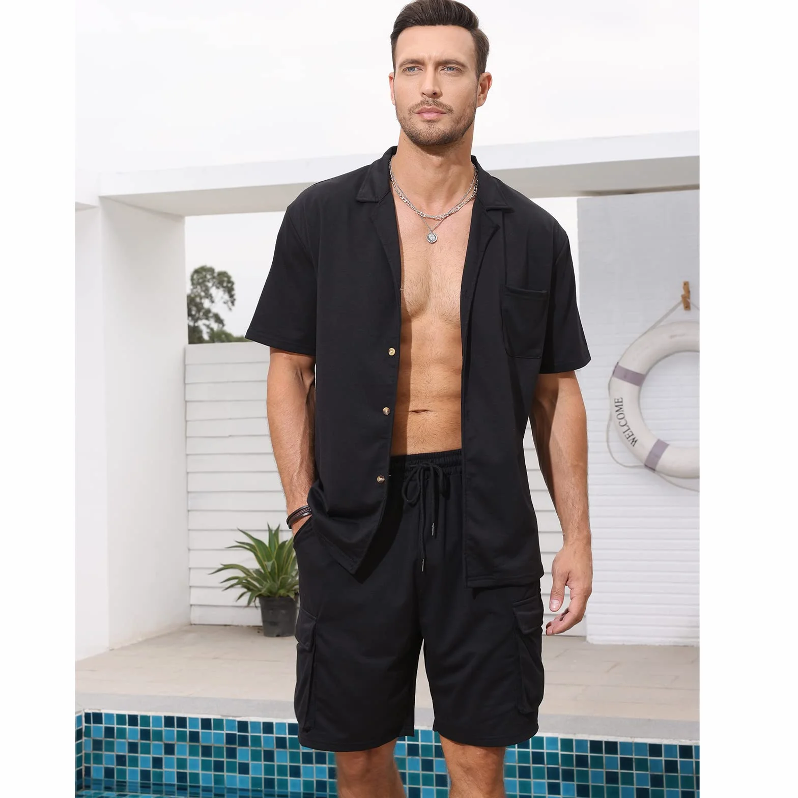 Fastkoala Homme Ensemble 2 Pièces Chemise Shorts Survêtement Costume Plage