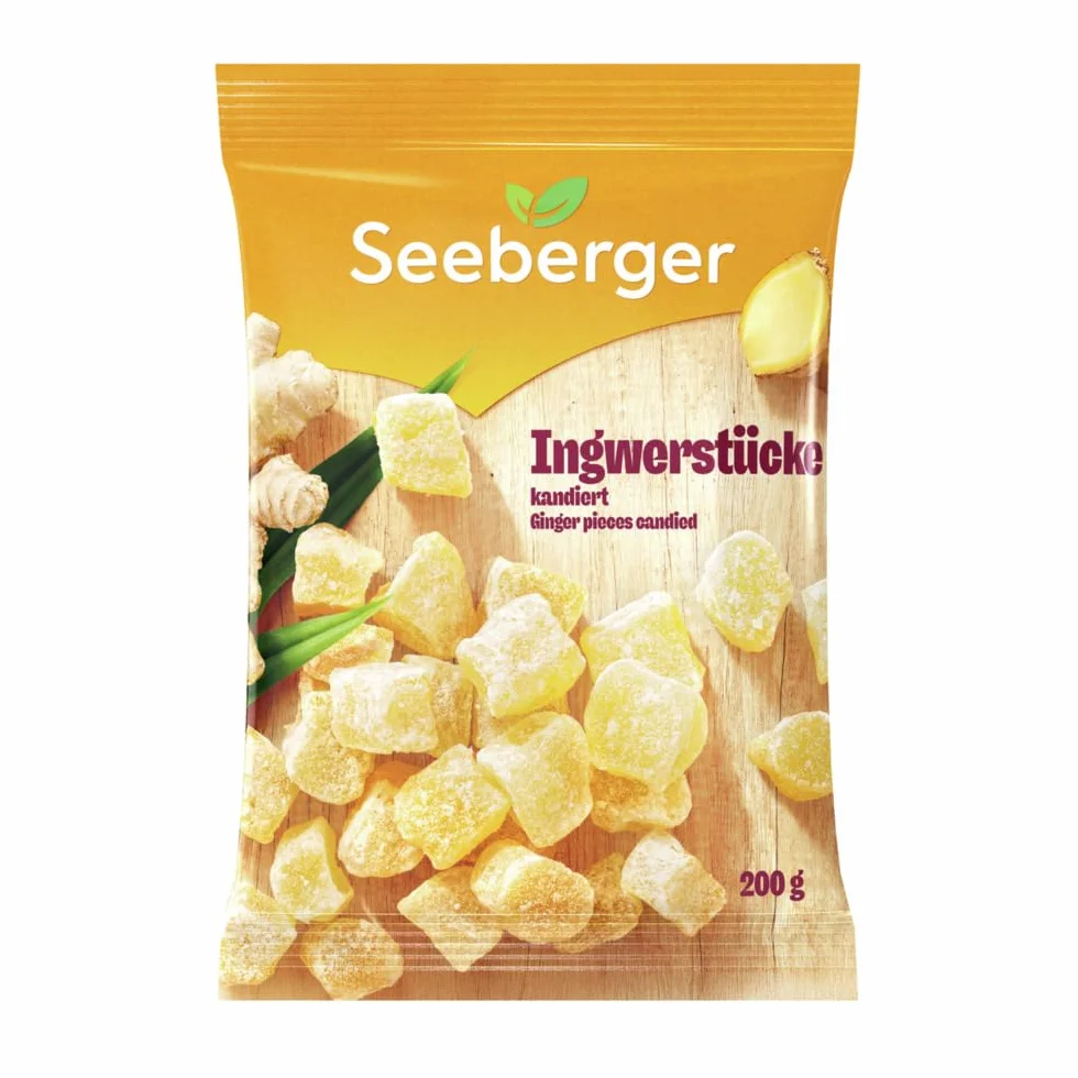 Seeberger Morceaux de gingembre confits : Cubes de gingembre piquant jaune doré confit et sucré - pour grignoter, décorer ou comme ingrédient - vegan (1 x 200 g)