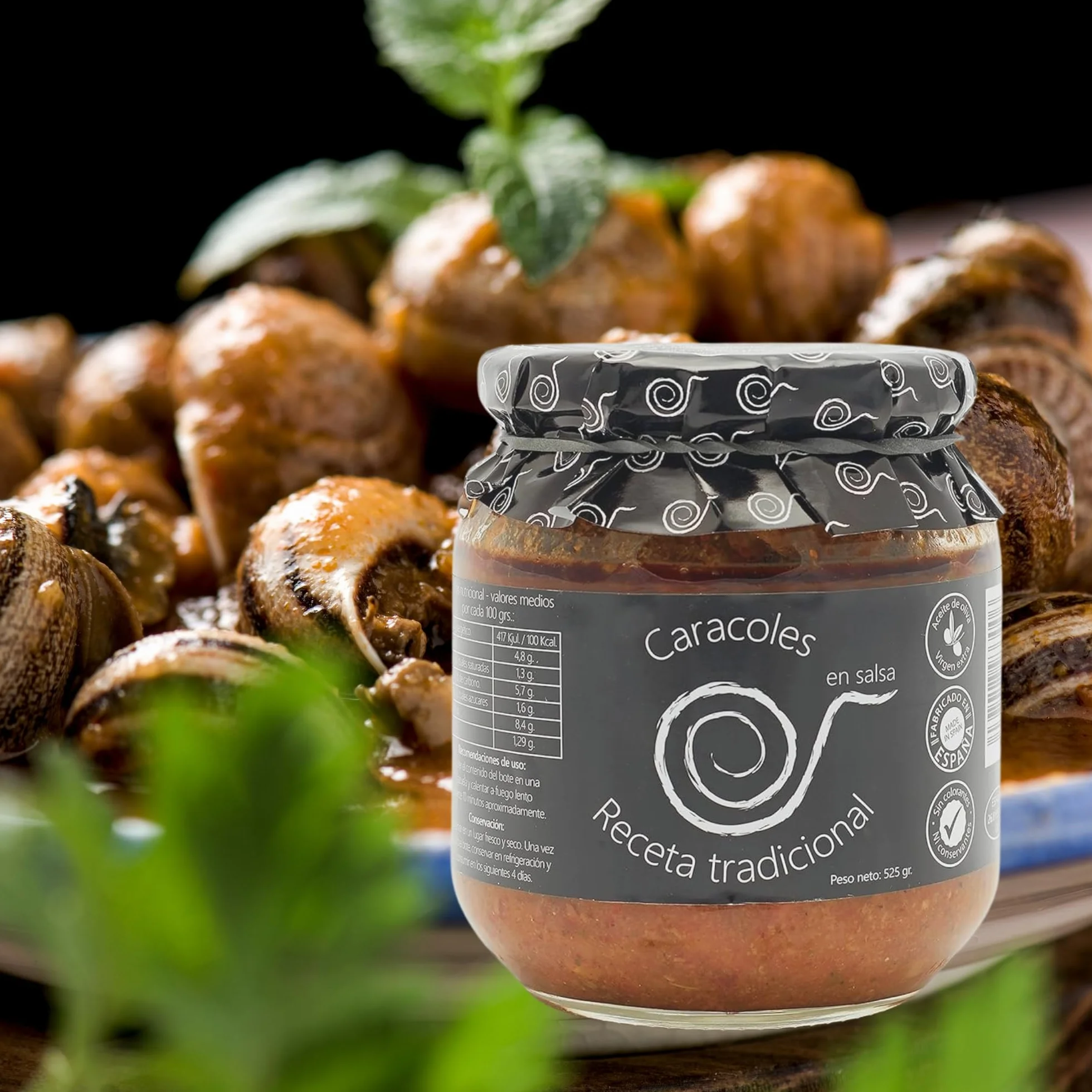 Escargots en sauce. Escargots cuits 550grs. Recette familiale, maison et artisanale. Escargots mijotés. Conserves gourmandes. Cadeau original pour tout le monde. Produit 100% fabriqué en Espagne.