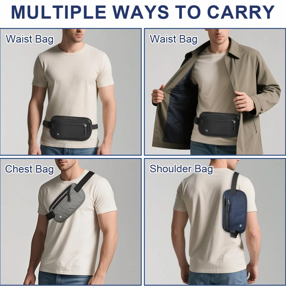 Sac Banane de Voyage RFID Blocage Antivol Ultra Fin pour Homme Femme Ceinture de Sécurité Invisible Réglable