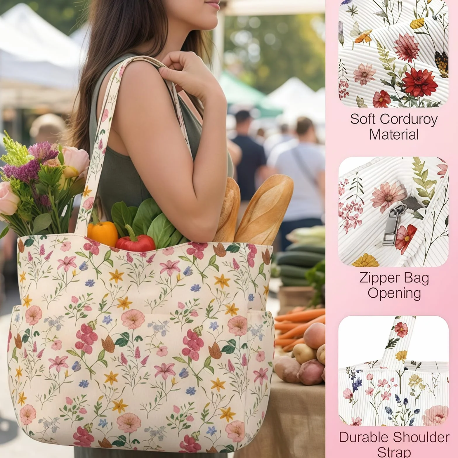 Grande Sac Shopping en Côtelé pour Femmes, Sac à Épaule en Toile Réutilisable avec Fermeture Éclair et Poches Multiples