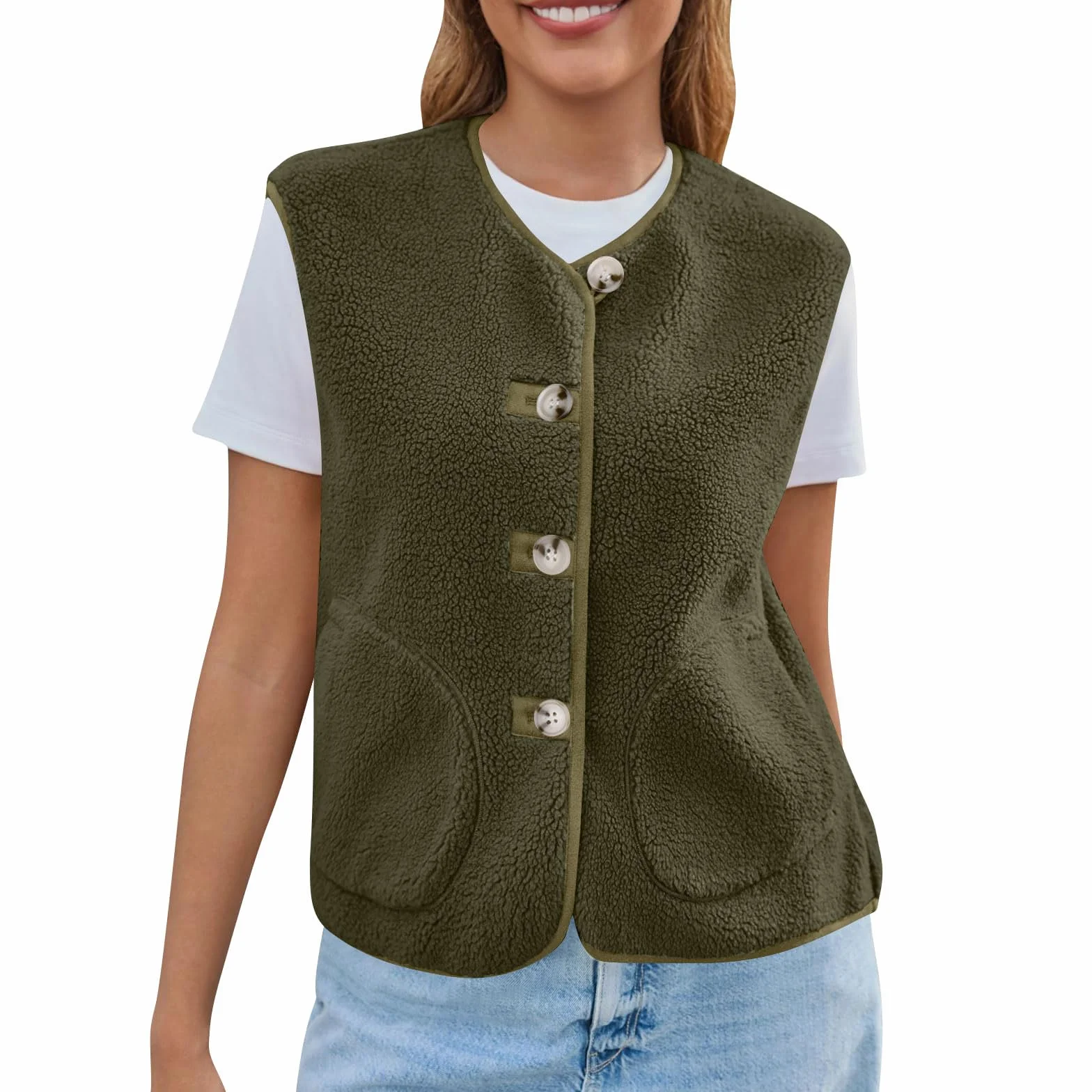 Gilet Polaire sans Manches Femme Molleton Doux Coupe Classique Sherpa Waistcoat avec Poches